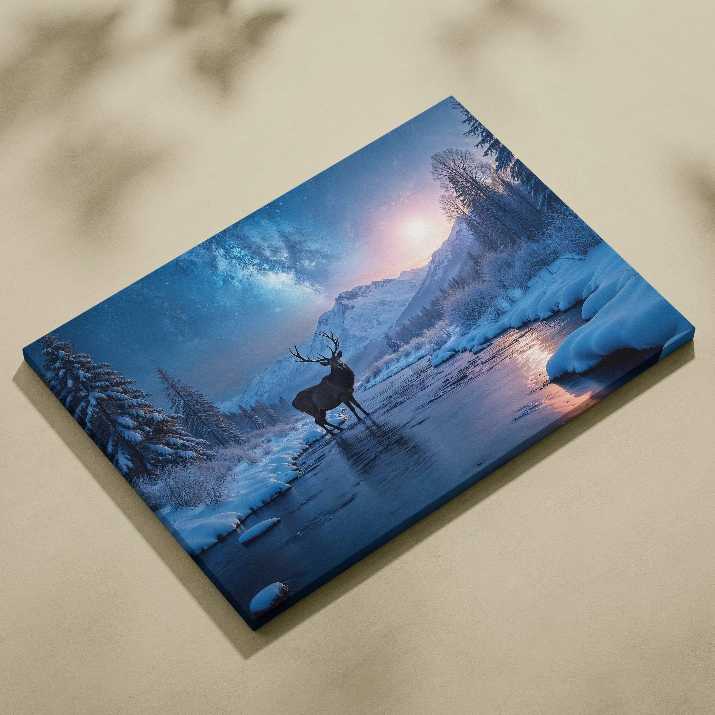 Blue stag in snowy moonlit river with pines canvas wall art