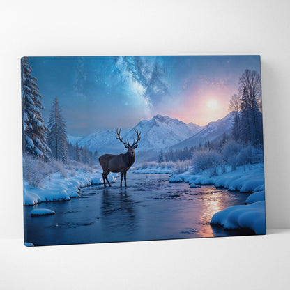 Dreamlike winter deer in moonlit river snowy mountain canvas art