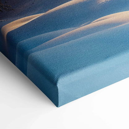 Blue textured canvas print of cozy snowy cabin with deer in sunlit forest