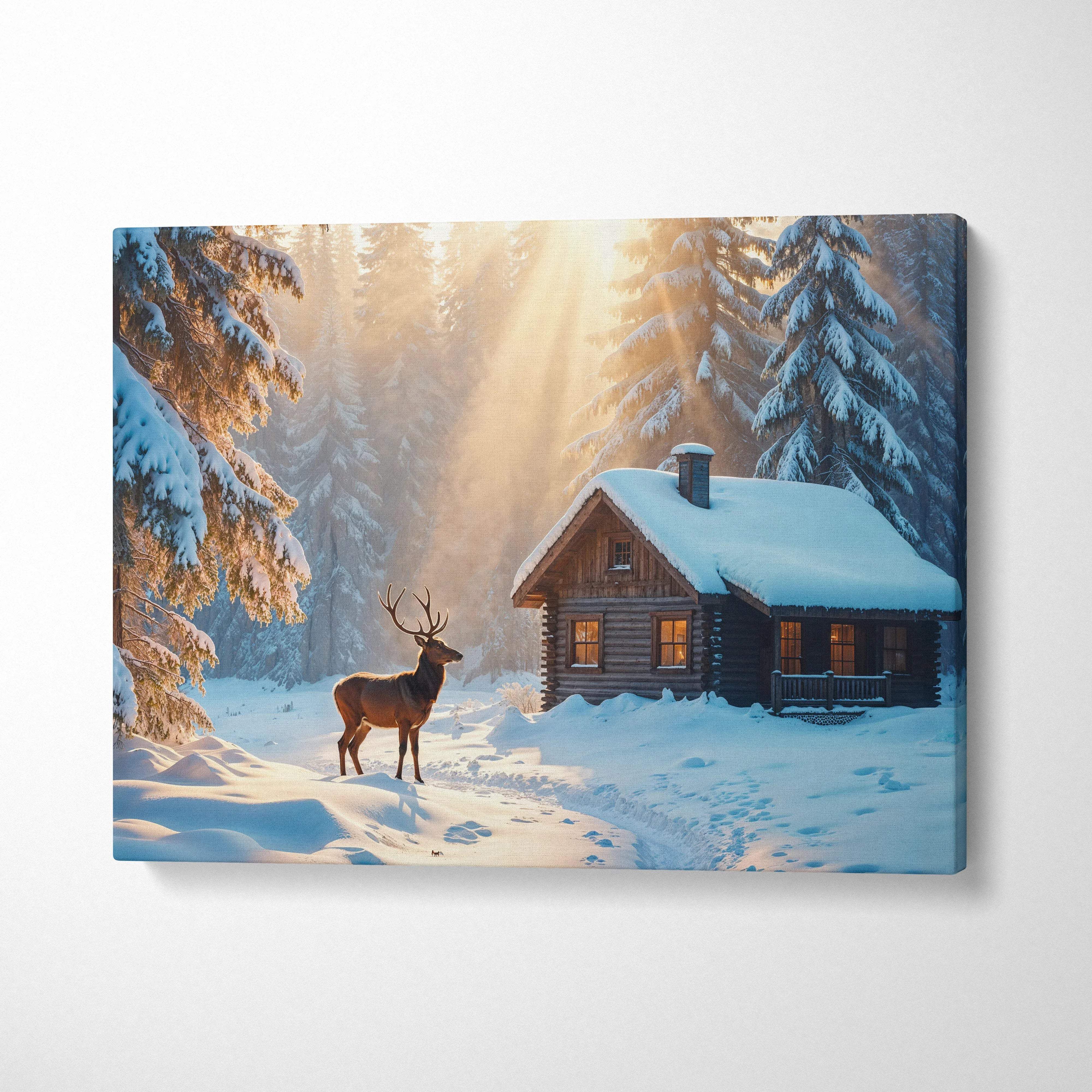 Cozy snowy cabin with deer in warm sunlit forest premium canvas art