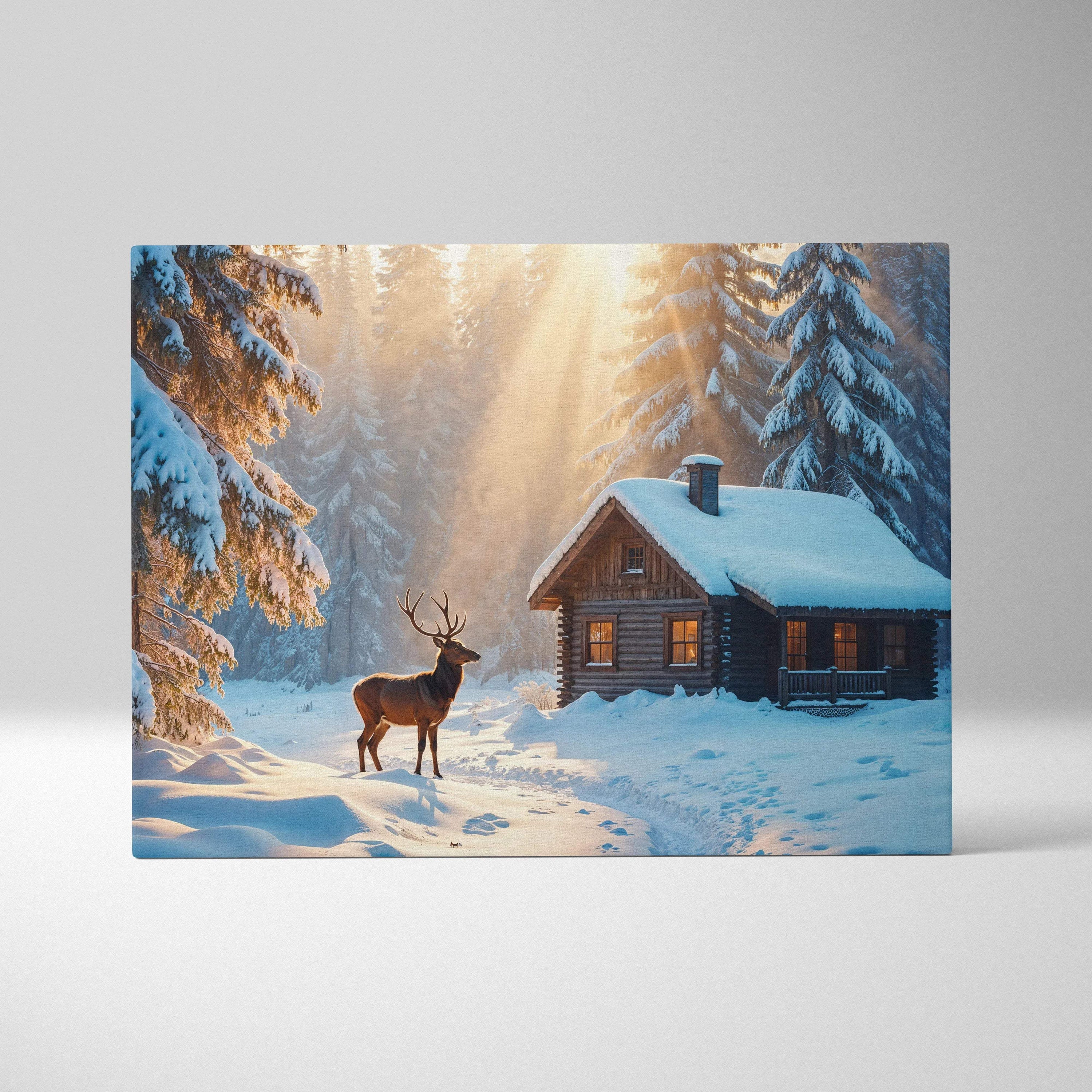 Cozy snowy cabin with deer in warm sunlit forest canvas art