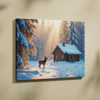 Cozy snowy cabin with deer in sunlit forest premium canvas wall art