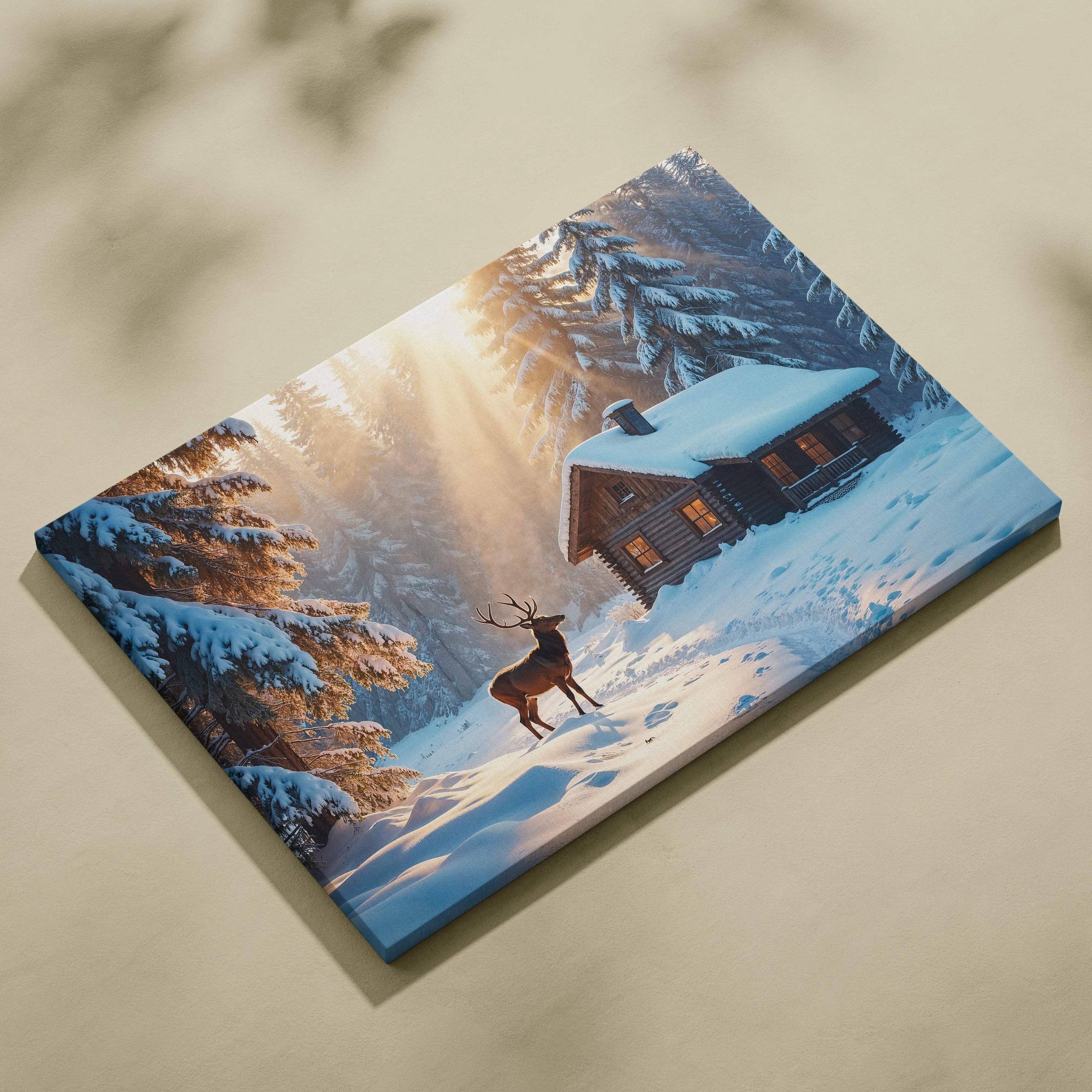 Cozy snowy cabin with deer in sunlit pine forest canvas art