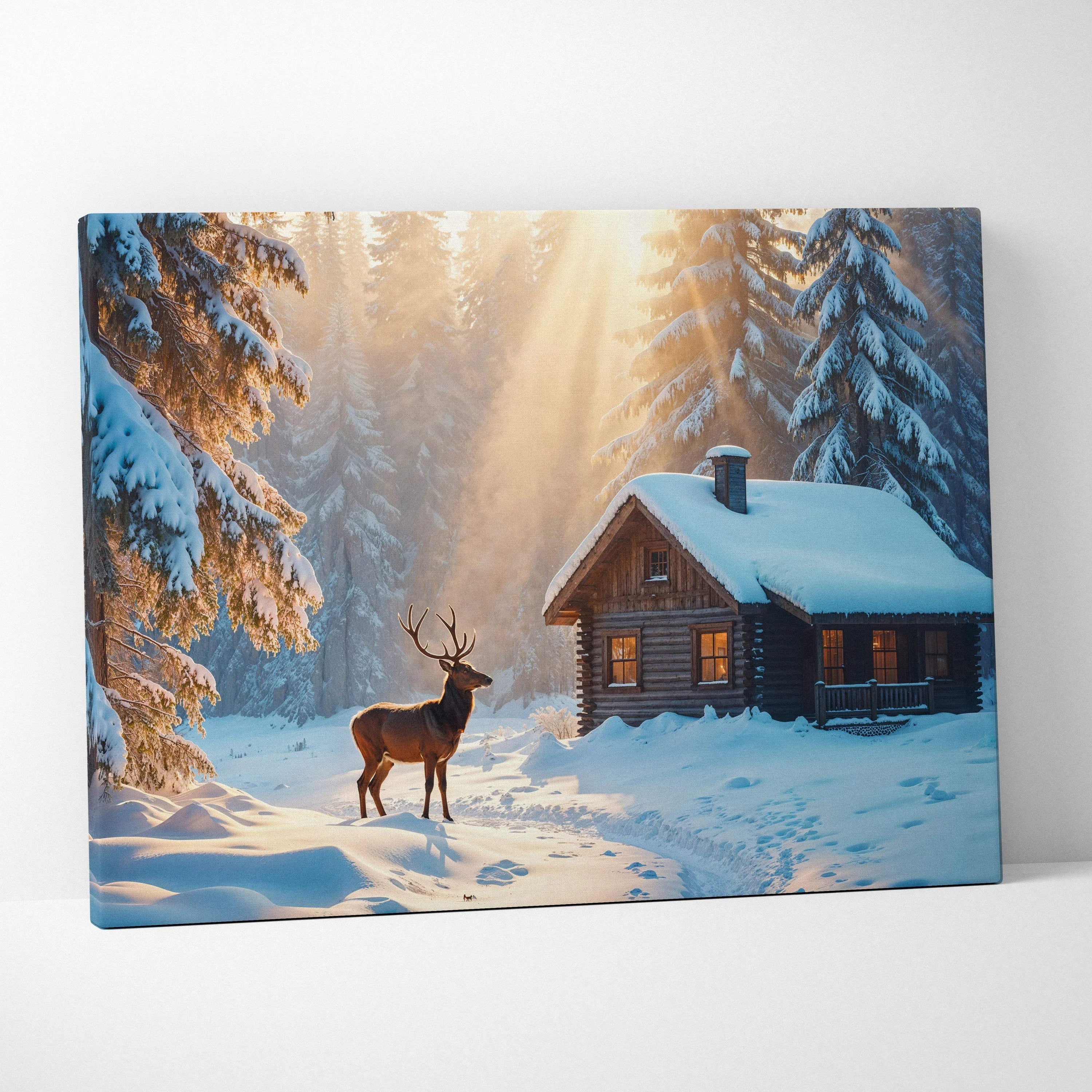 Cozy snowy cabin with deer in warm sunlit forest canvas art