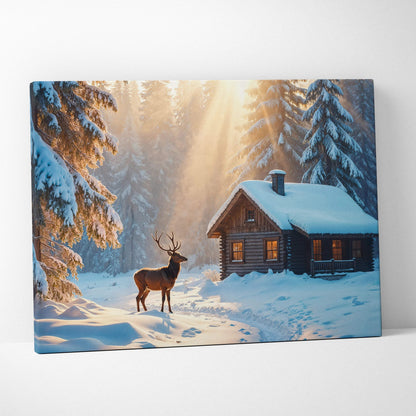 Cozy snowy cabin with deer in warm sunlit forest canvas art