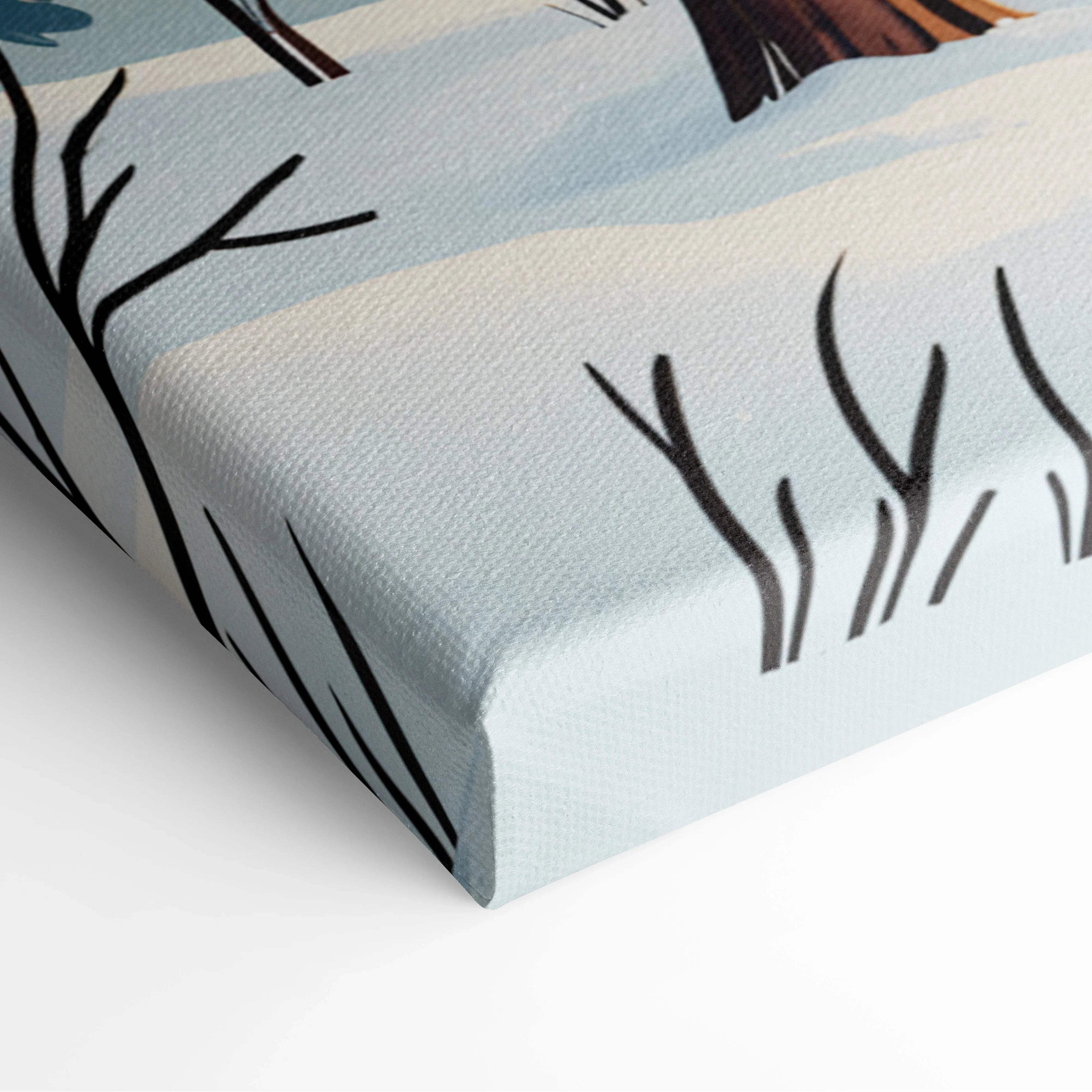 Light blue canvas print of cozy winter cabin in snowy forest with tree silhouettes