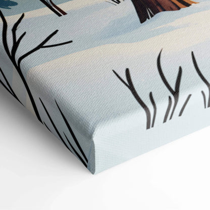 Light blue canvas print of cozy winter cabin in snowy forest with tree silhouettes