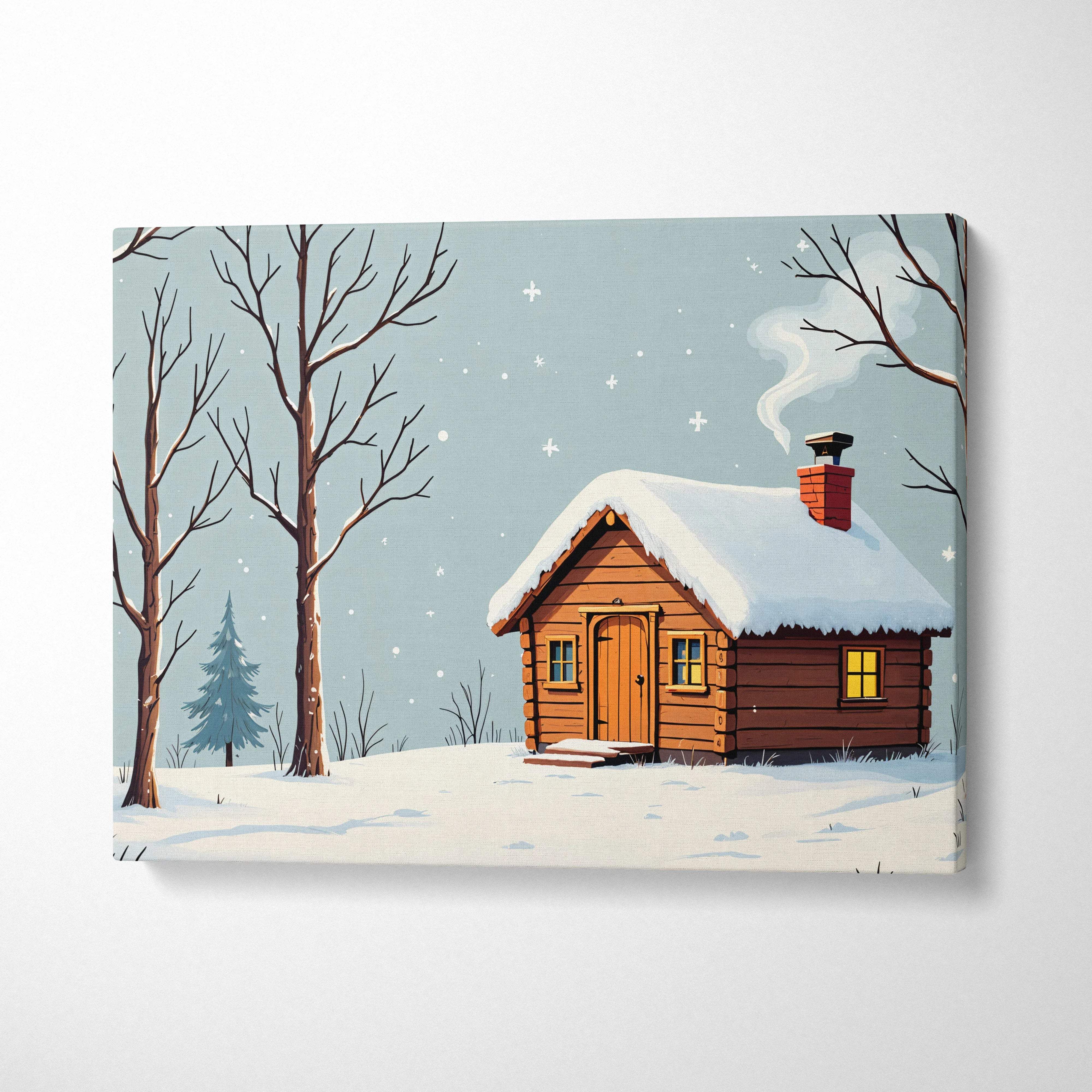 Whimsical cozy winter cabin canvas print in snowy forest with glowing lights