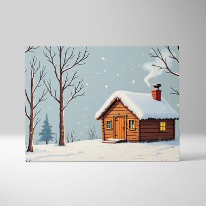 Whimsical cozy winter cabin snow scene illustration with rustic log cabin in snowy forest
