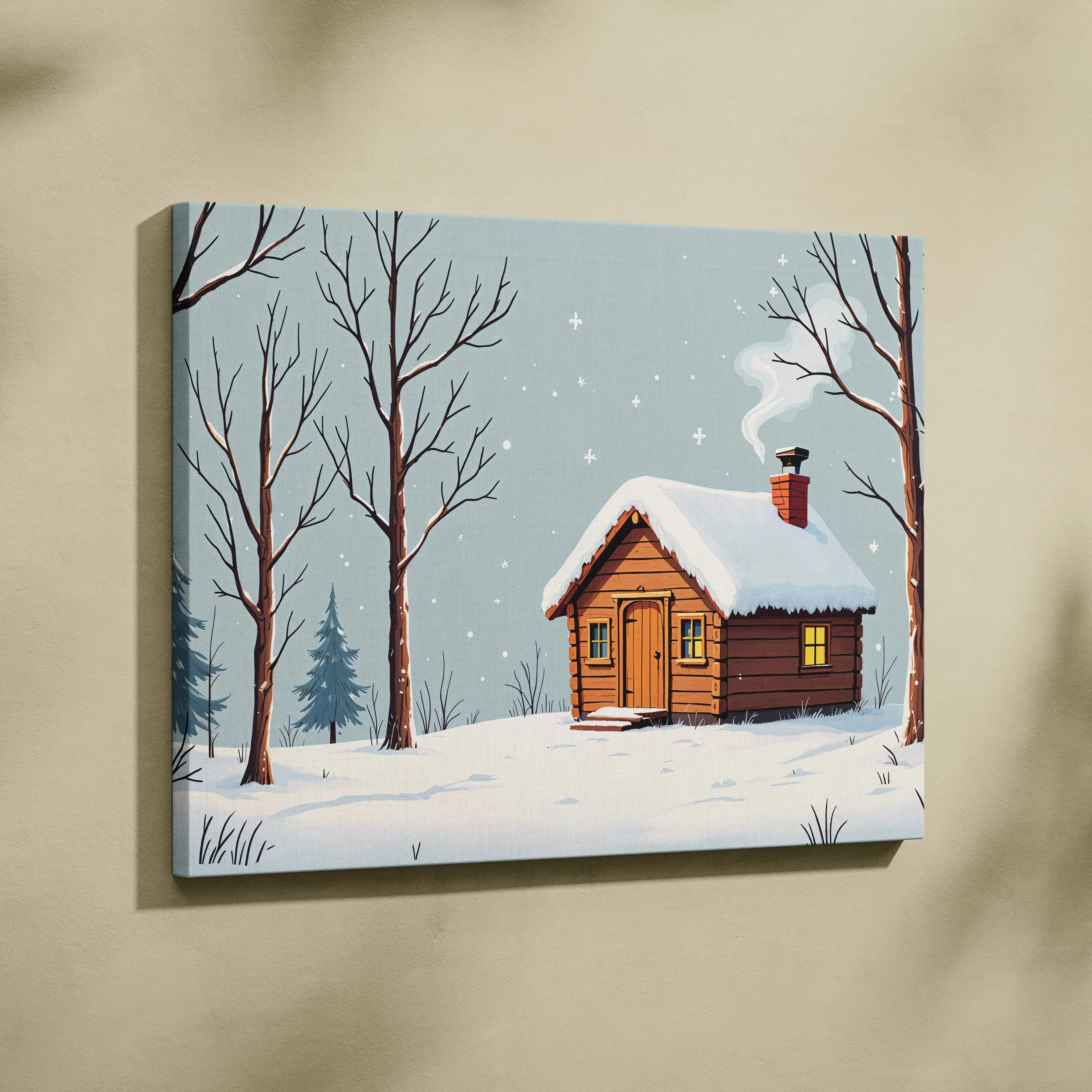 Whimsical cozy winter cabin snow scene illustration with rustic log cabin in snowy forest