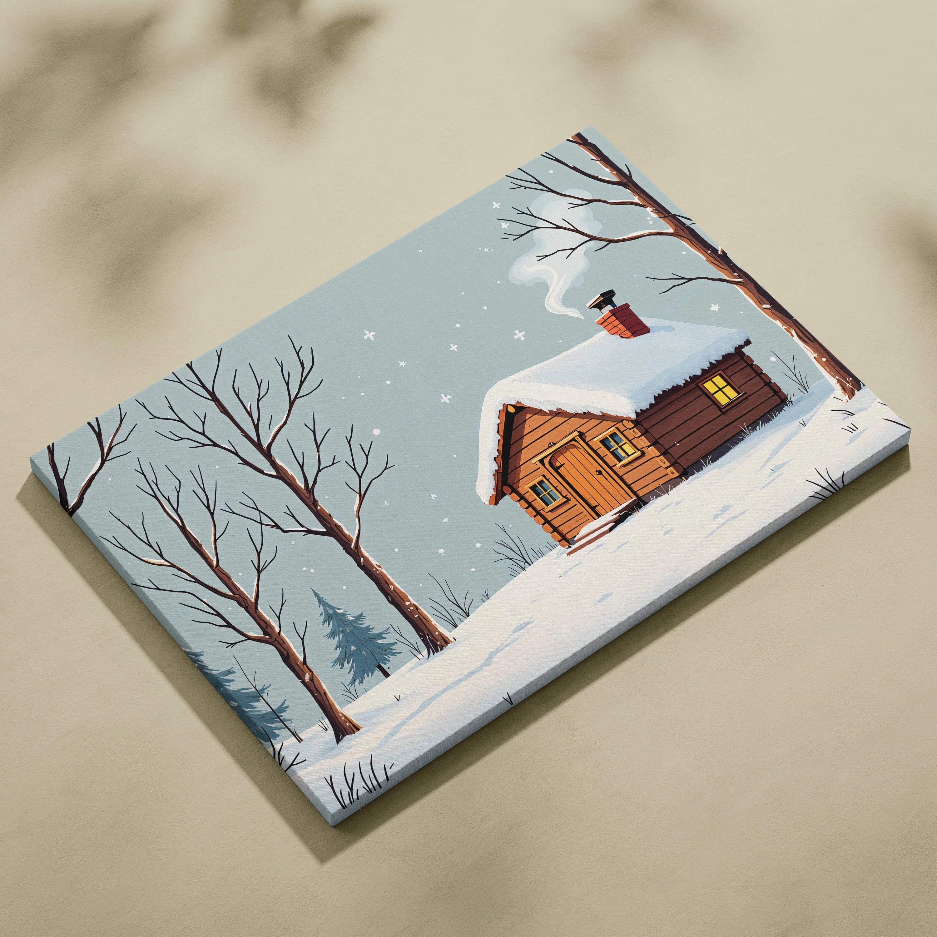 Whimsical cozy winter cabin snow scene illustration with rustic log cabin in snowy forest