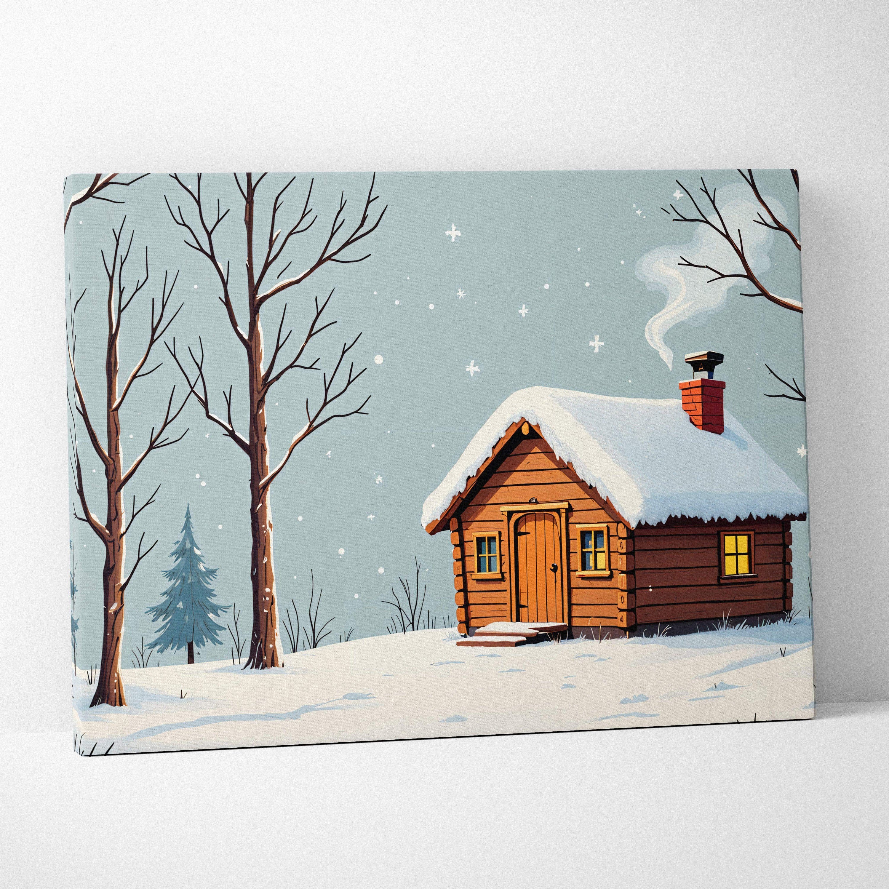 Whimsical cozy winter cabin snow scene illustration with rustic log cabin in snowy forest