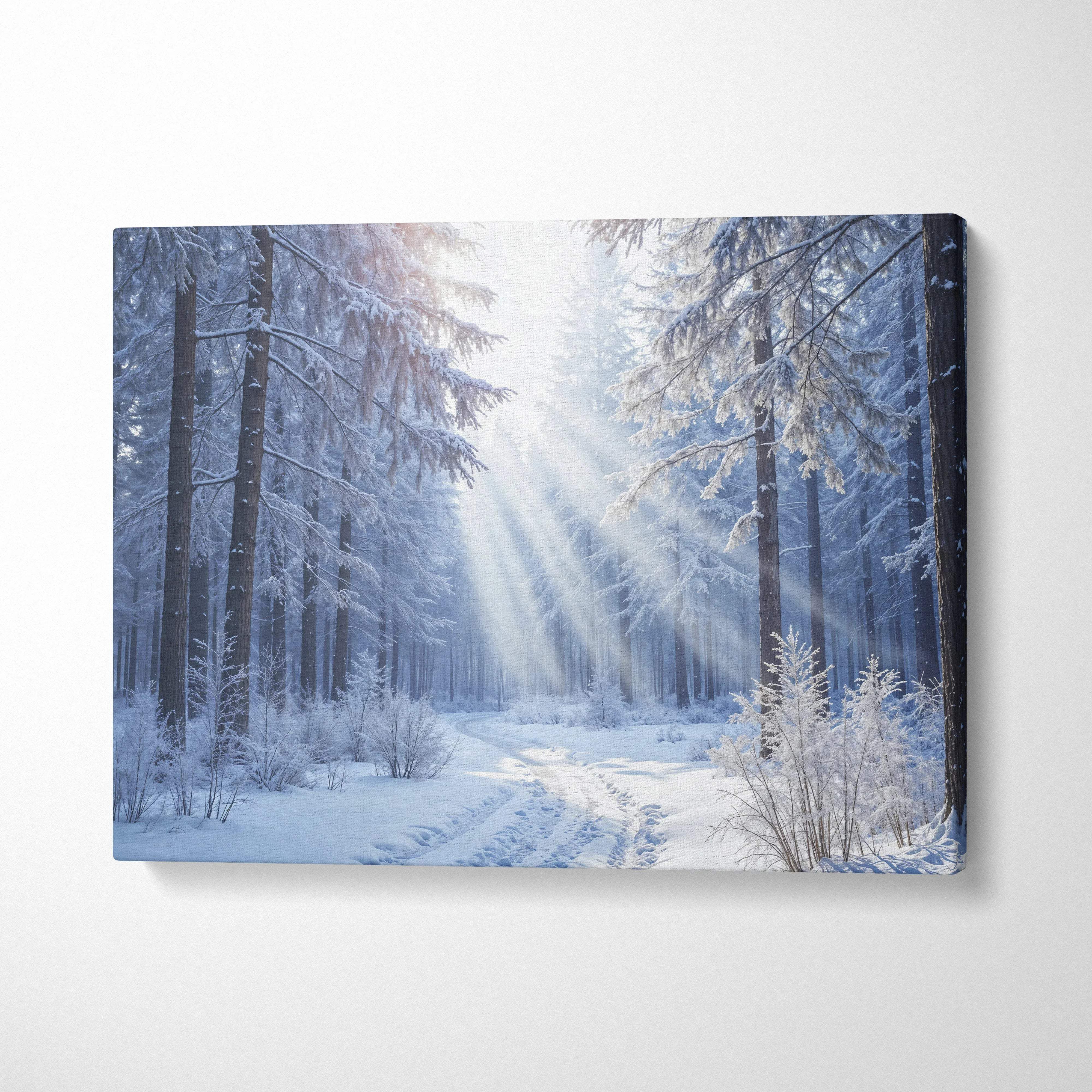 Winter forest sunbeams through snowy path canvas art in white blue tones