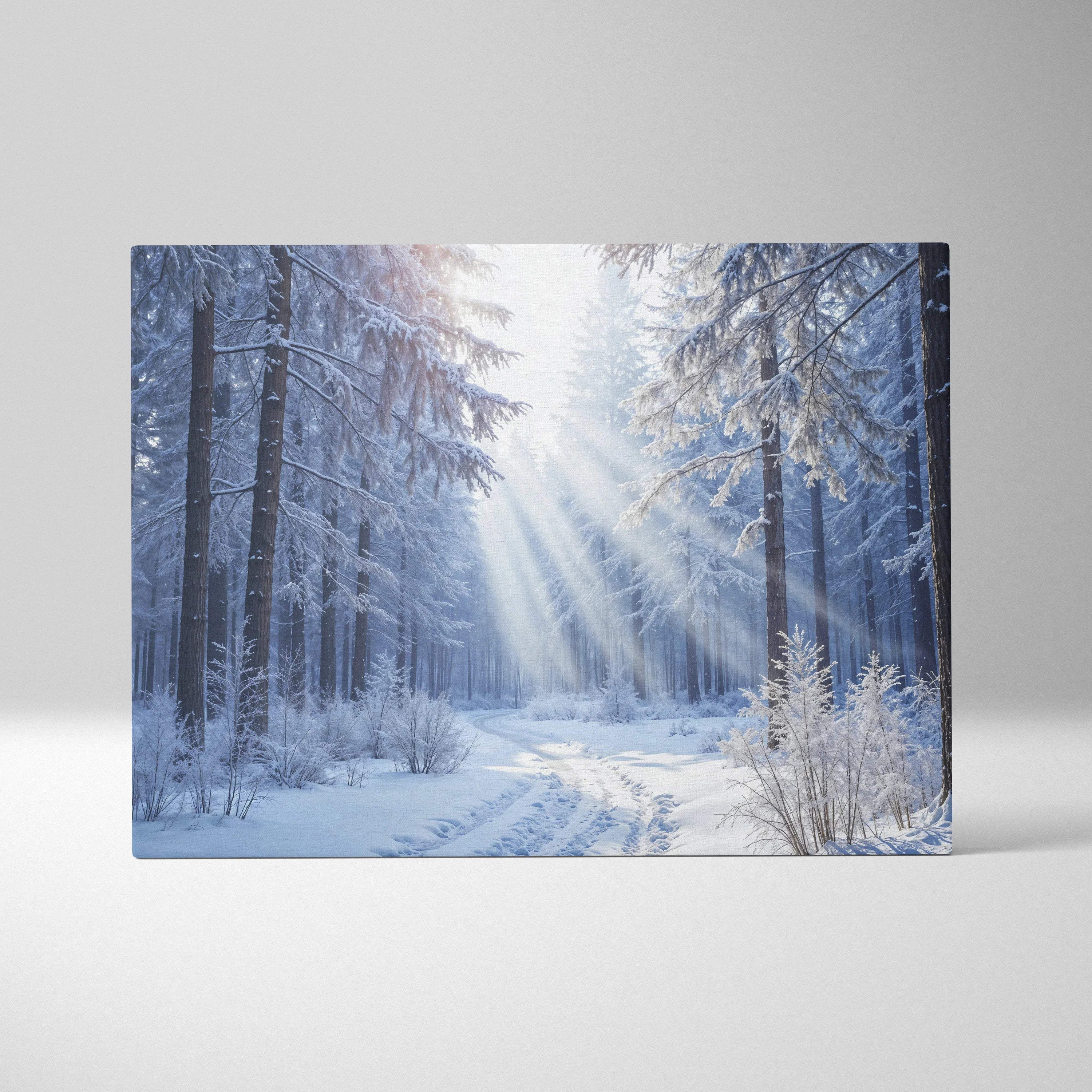 Snowy pine-lined winter forest path with sunbeams in soft white blue canvas art
