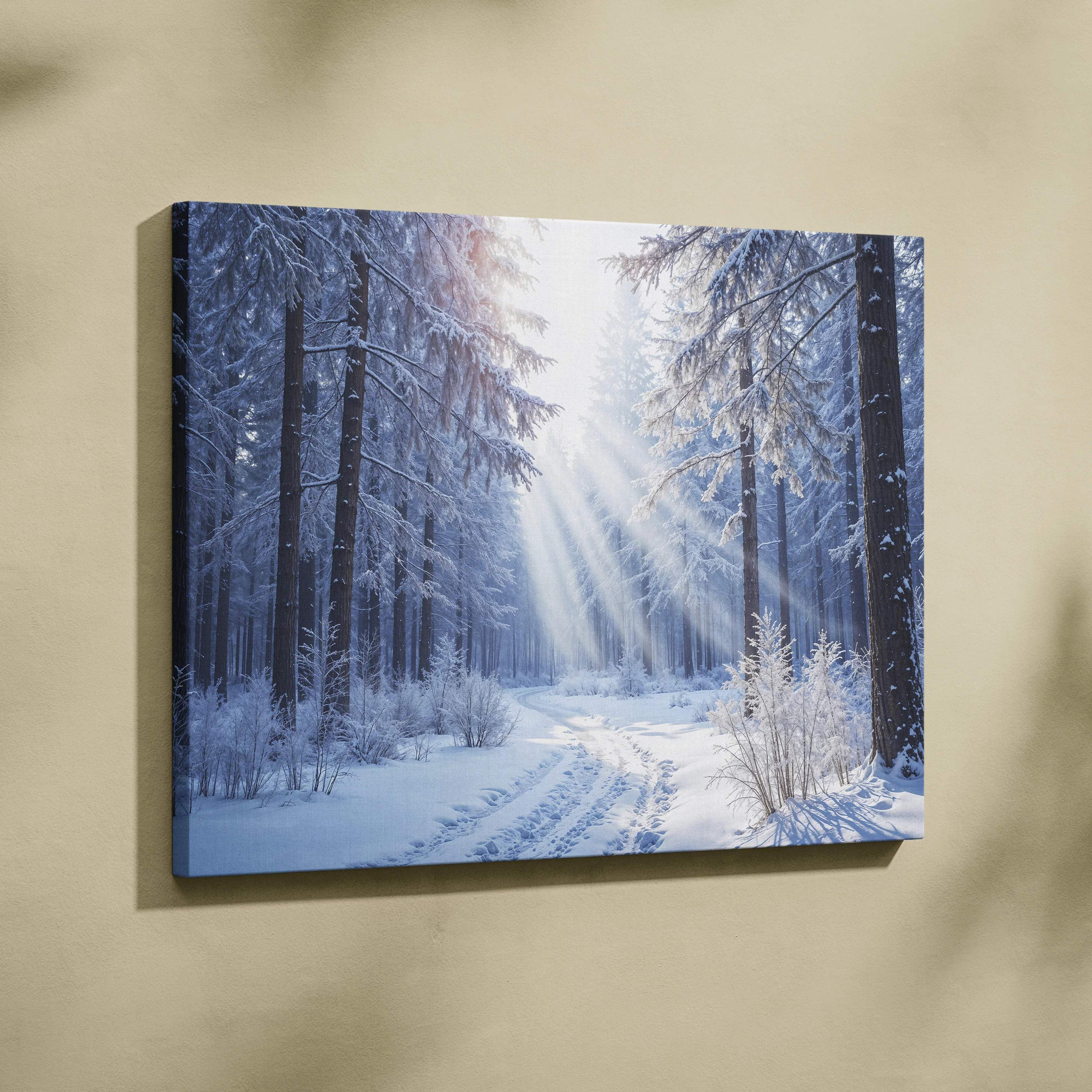 Winter forest sunbeams through snowy path canvas art in white blue tones