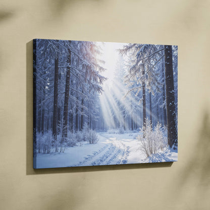 Winter forest sunbeams through snowy path canvas art in white blue tones