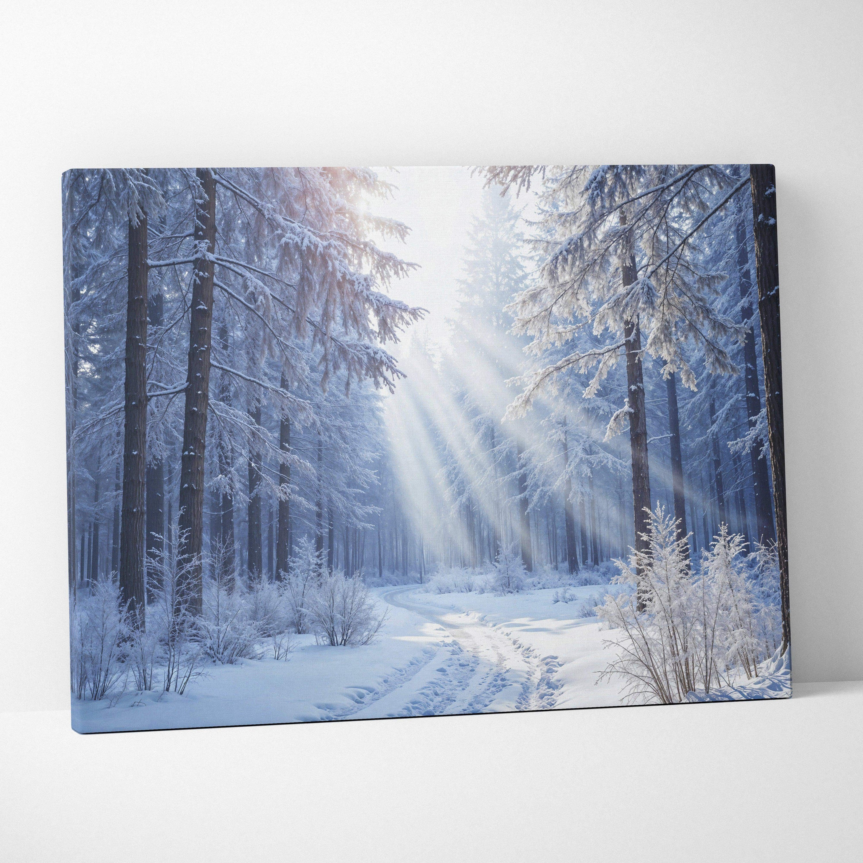 Winter forest sunbeams through snowy path canvas wall art in soft white and blue tones