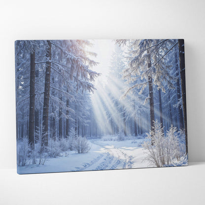 Winter forest sunbeams through snowy path canvas wall art in soft white and blue tones