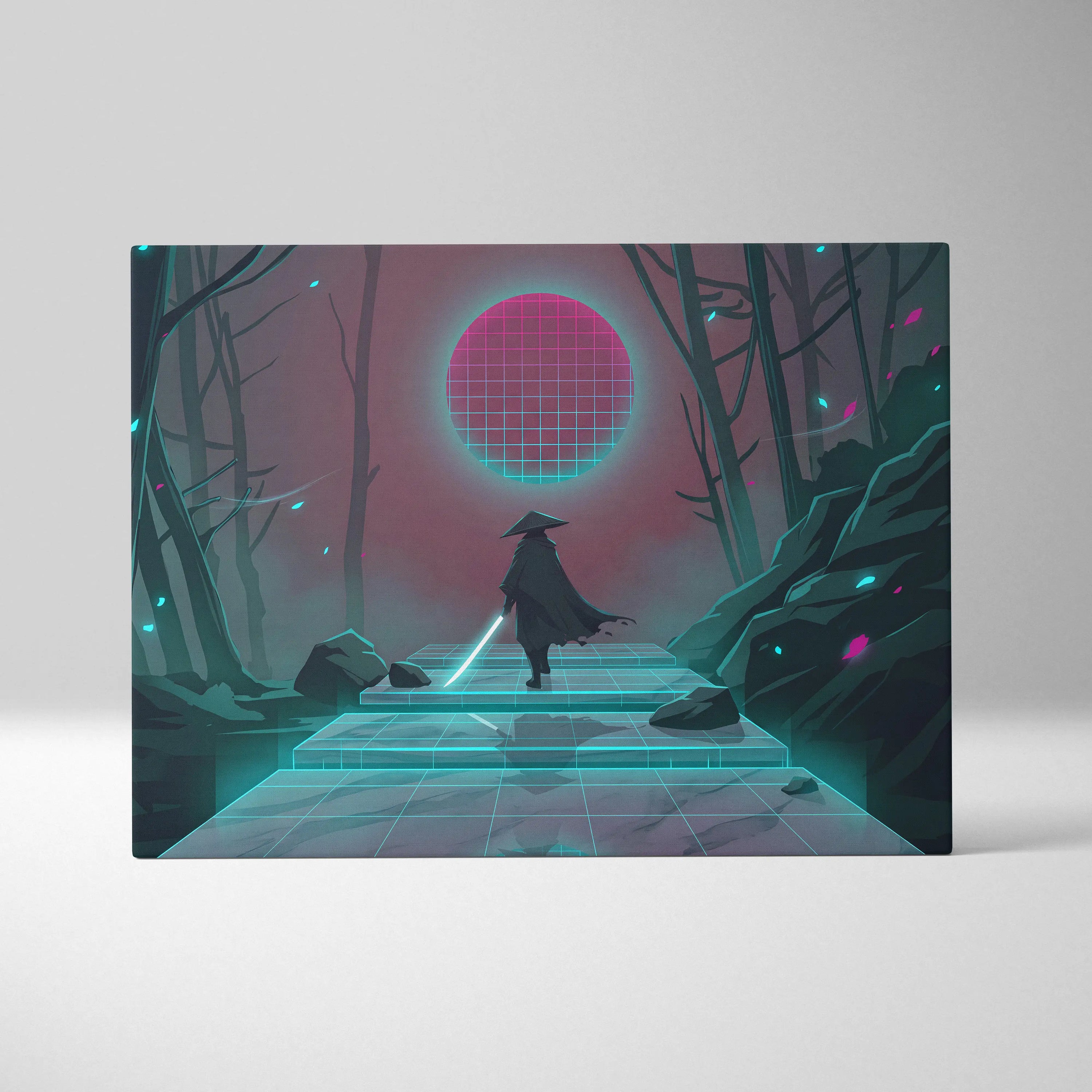 Vaporwave Neon Grid Canvas - Vaporwave Pink Cyan Living Room Retro Futurism Dreamlike Moody Synthwave Wall Art Canvas