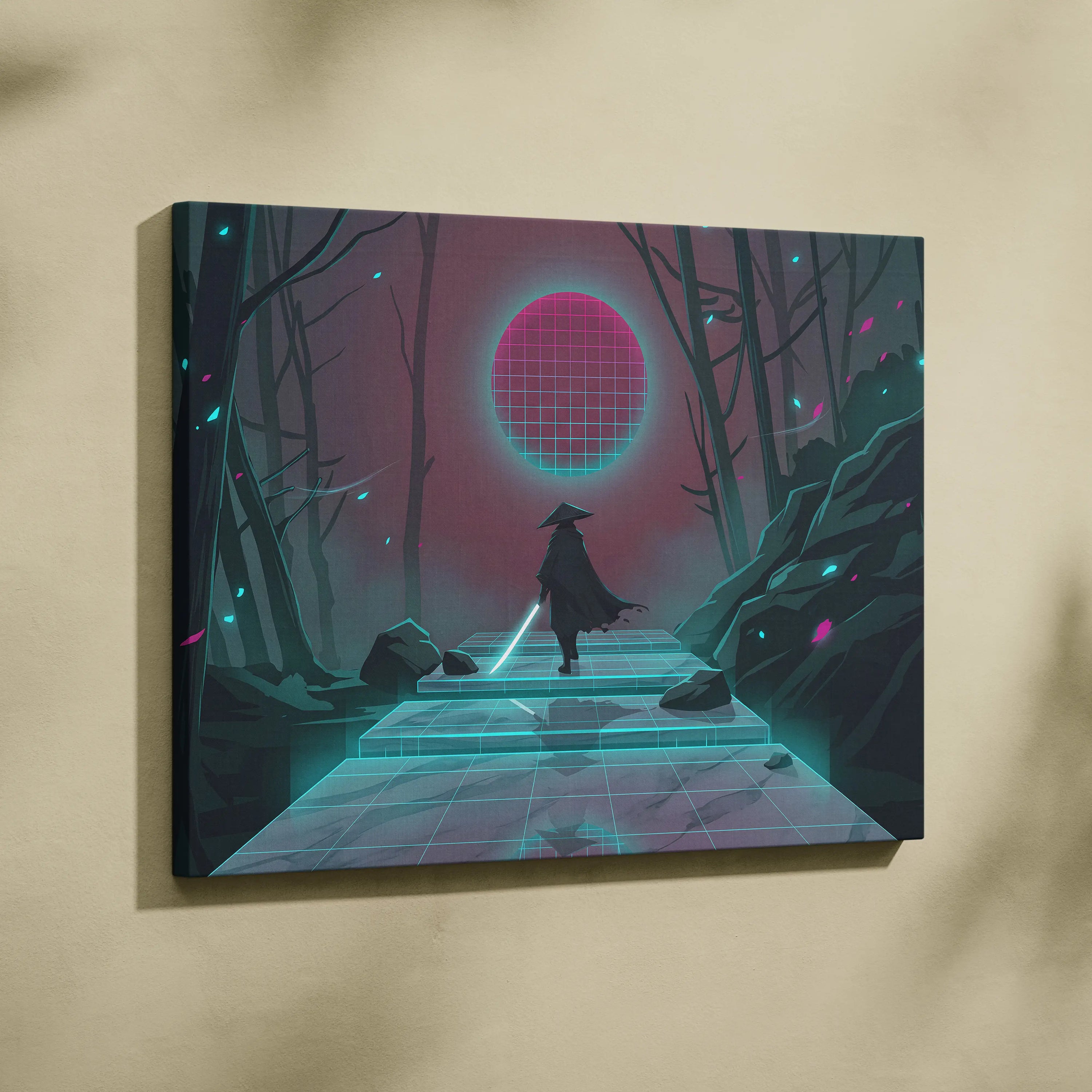 Vaporwave Neon Grid Canvas - Vaporwave Pink Cyan Living Room Retro Futurism Dreamlike Moody Synthwave Wall Art Canvas