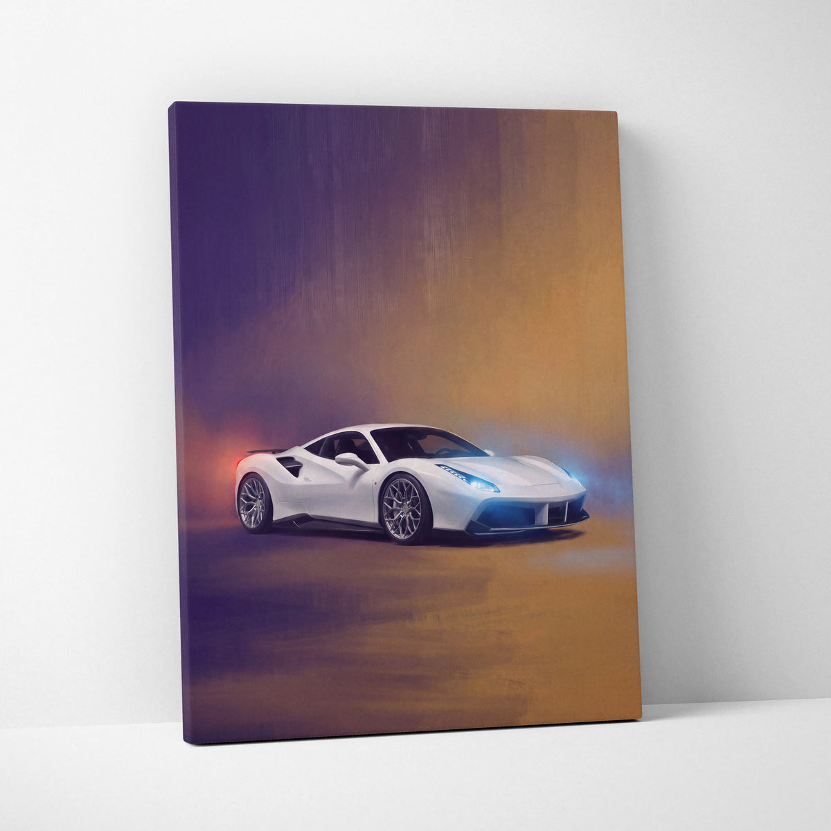 White ferrari 488 GTB inspired sports car canvas print with glowing blue headlights on gradient purple to orange background