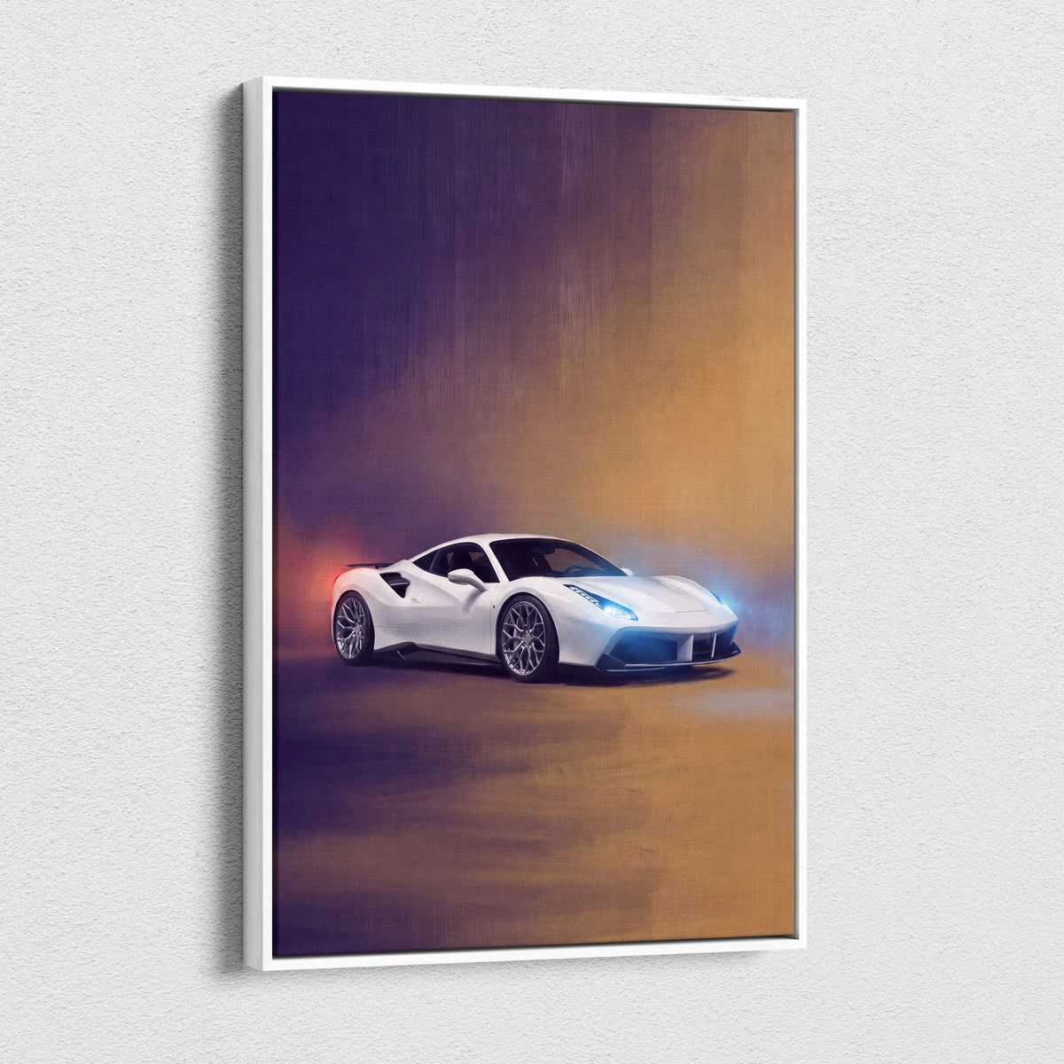 Framed white ferrari 488 gtb sports car wall art with glowing blue headlights and orange ambient lighting canvas print