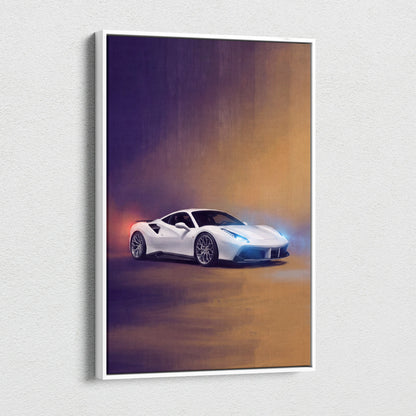 Framed white ferrari 488 gtb sports car wall art with glowing blue headlights and orange ambient lighting canvas print