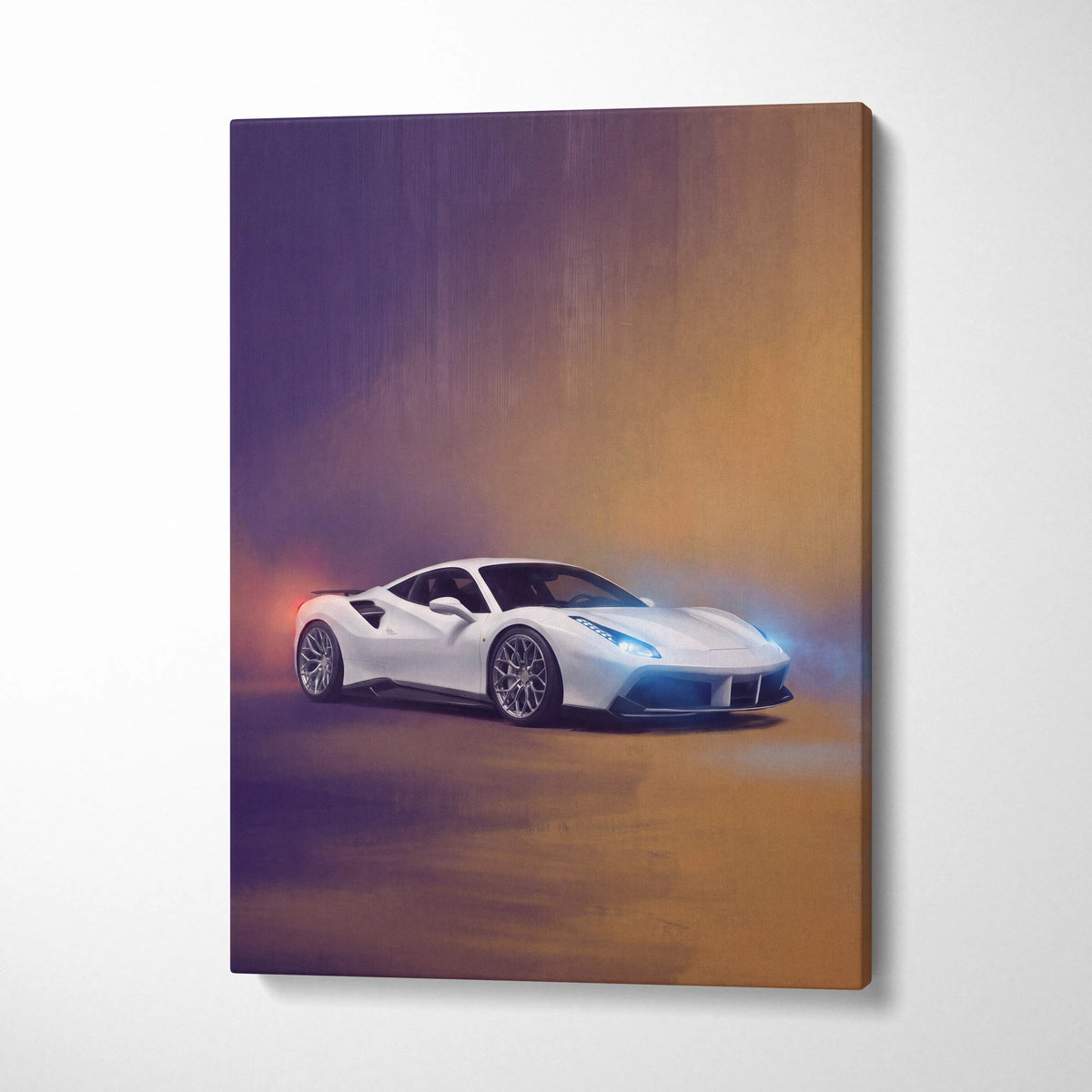 White ferrari 488 gtb inspired sports car canvas print with glowing blue headlights on purple to orange background