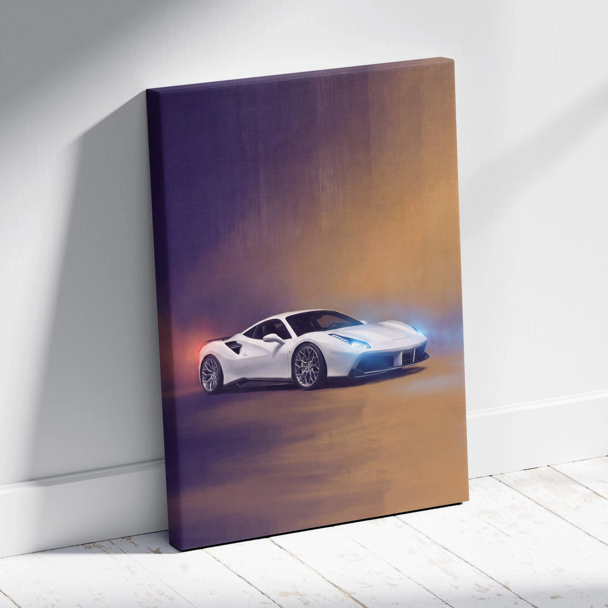 White ferrari 488 gtb inspired luxury supercar canvas print with glowing blue headlights on gradient background