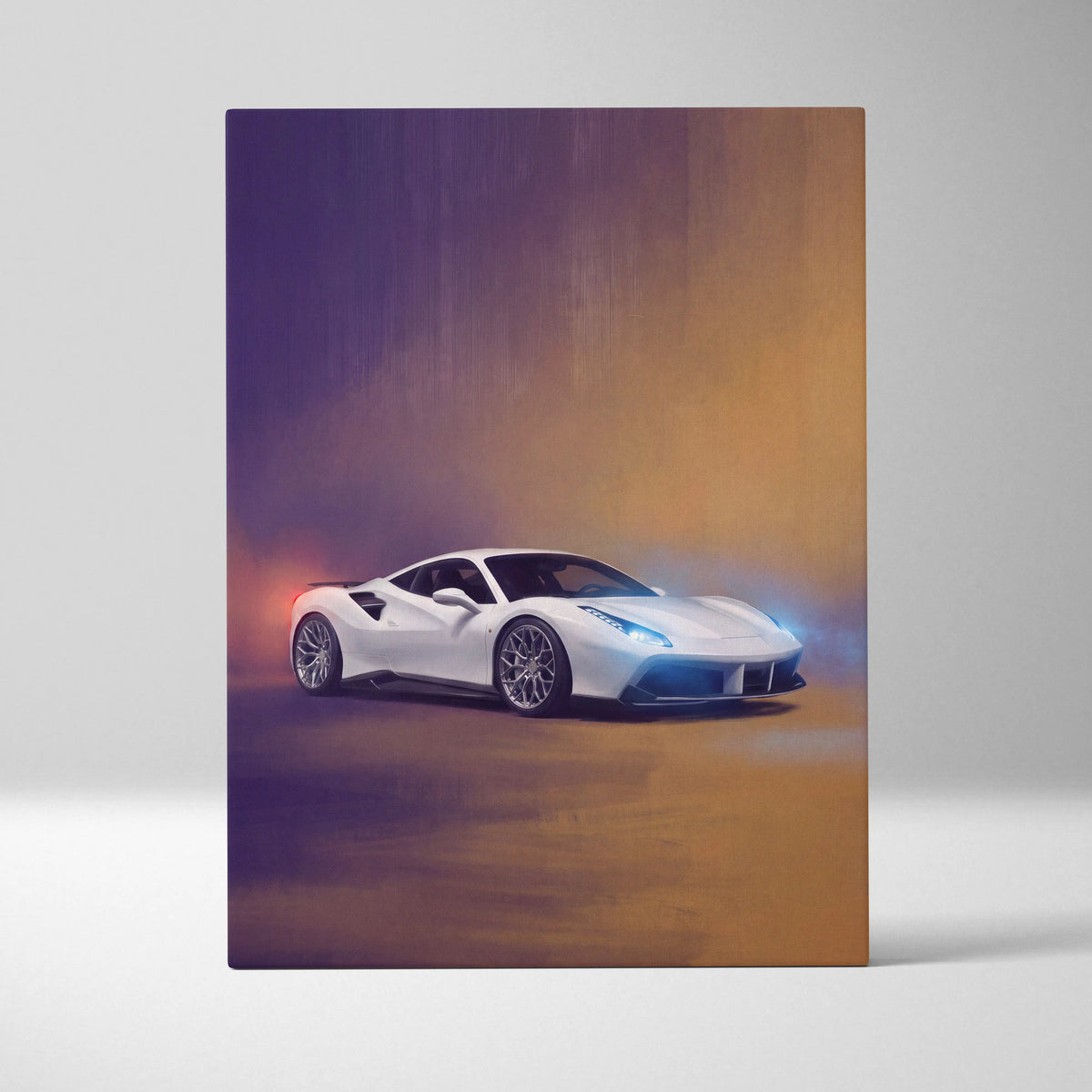 White ferrari 488 gtb sports car with glowing blue headlights in purple orange lighting on luxury supercar canvas print