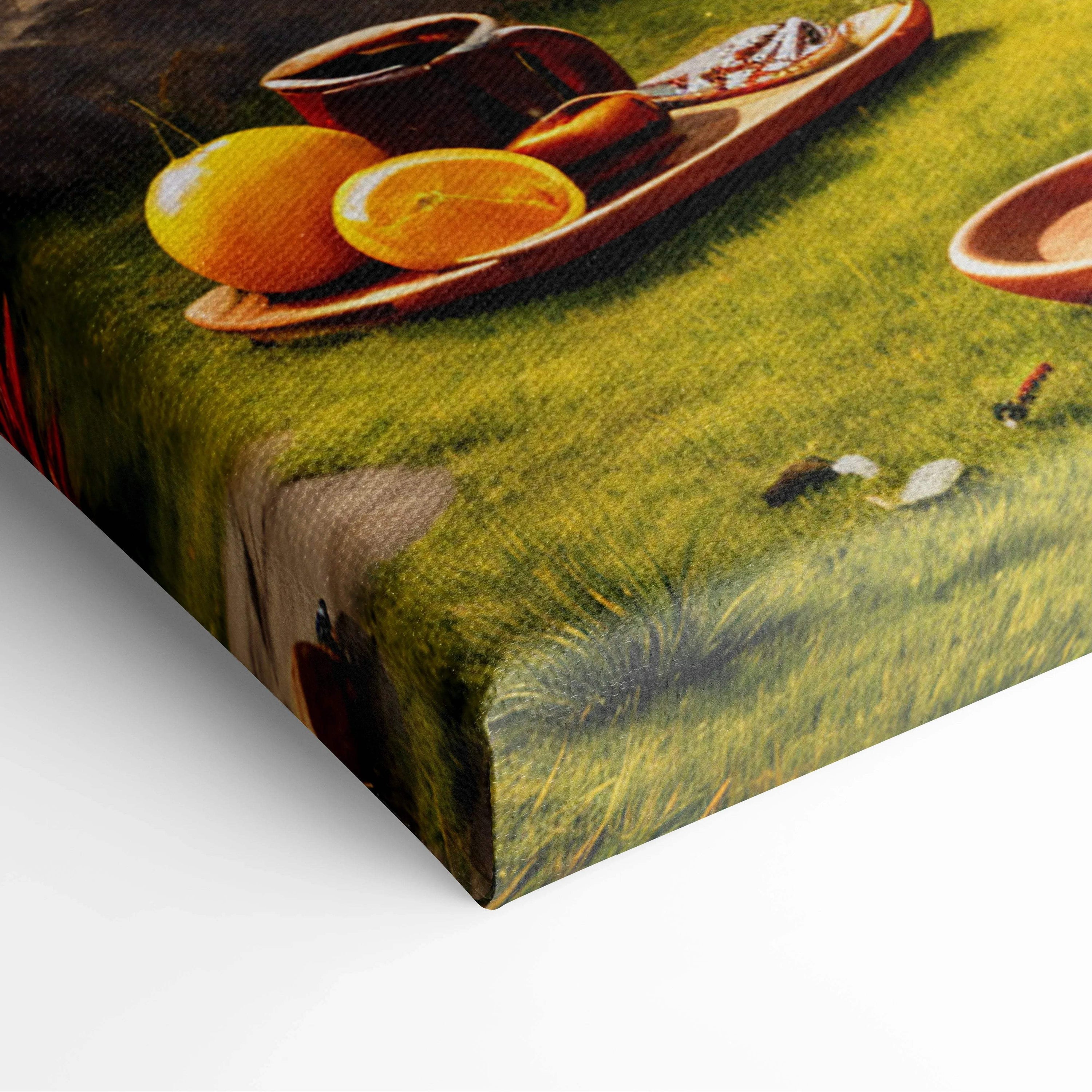 Vibrant orange fruit on rustic tray with surreal golden sun mountain art
