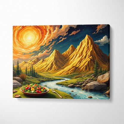 Surreal golden sun over jagged mountain peaks with winding river canvas art