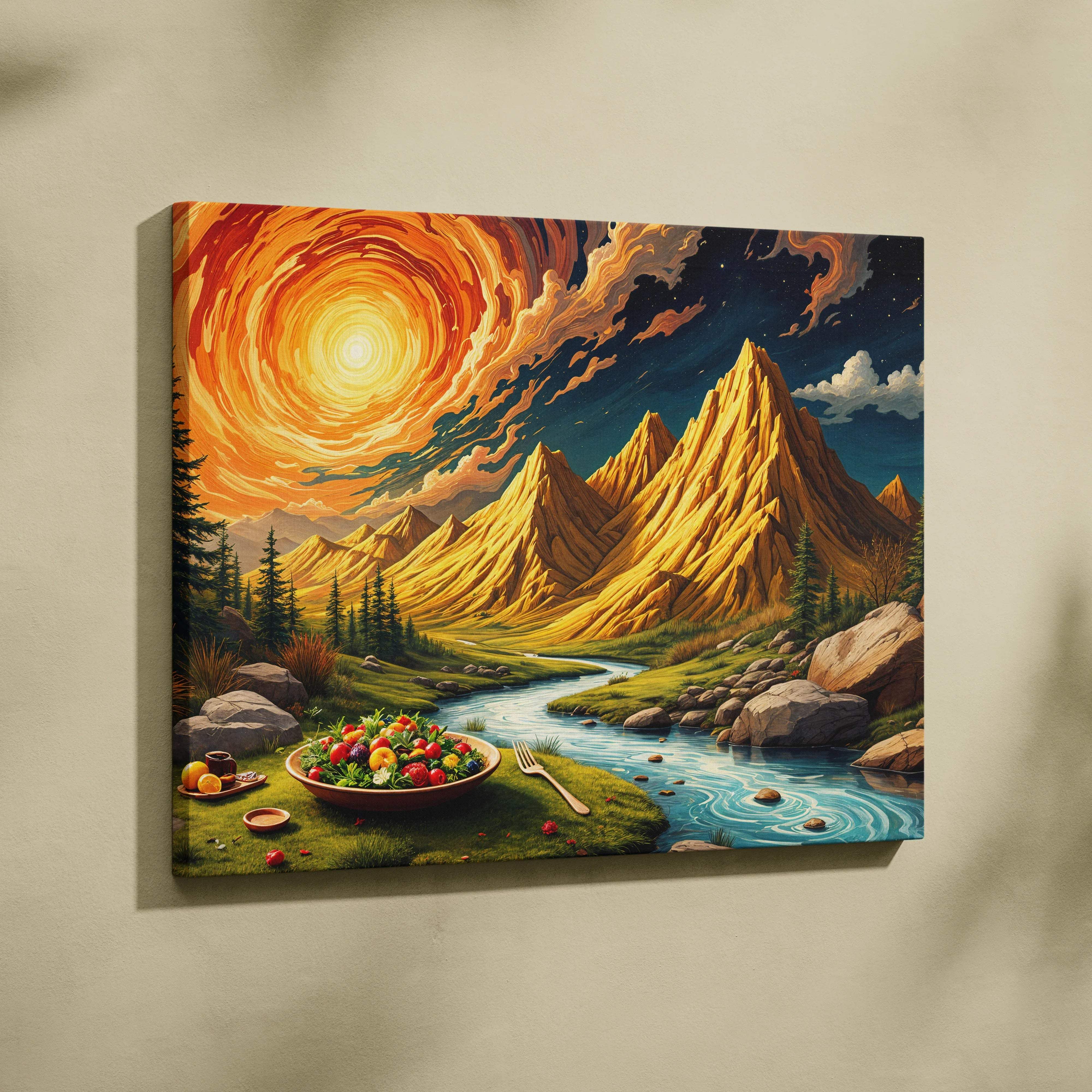 Surreal golden sun over jagged mountain peaks with winding river canvas art