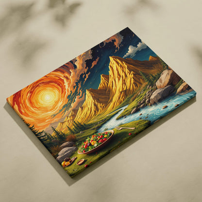 Surreal golden sun over jagged peaks with river and salad canvas art