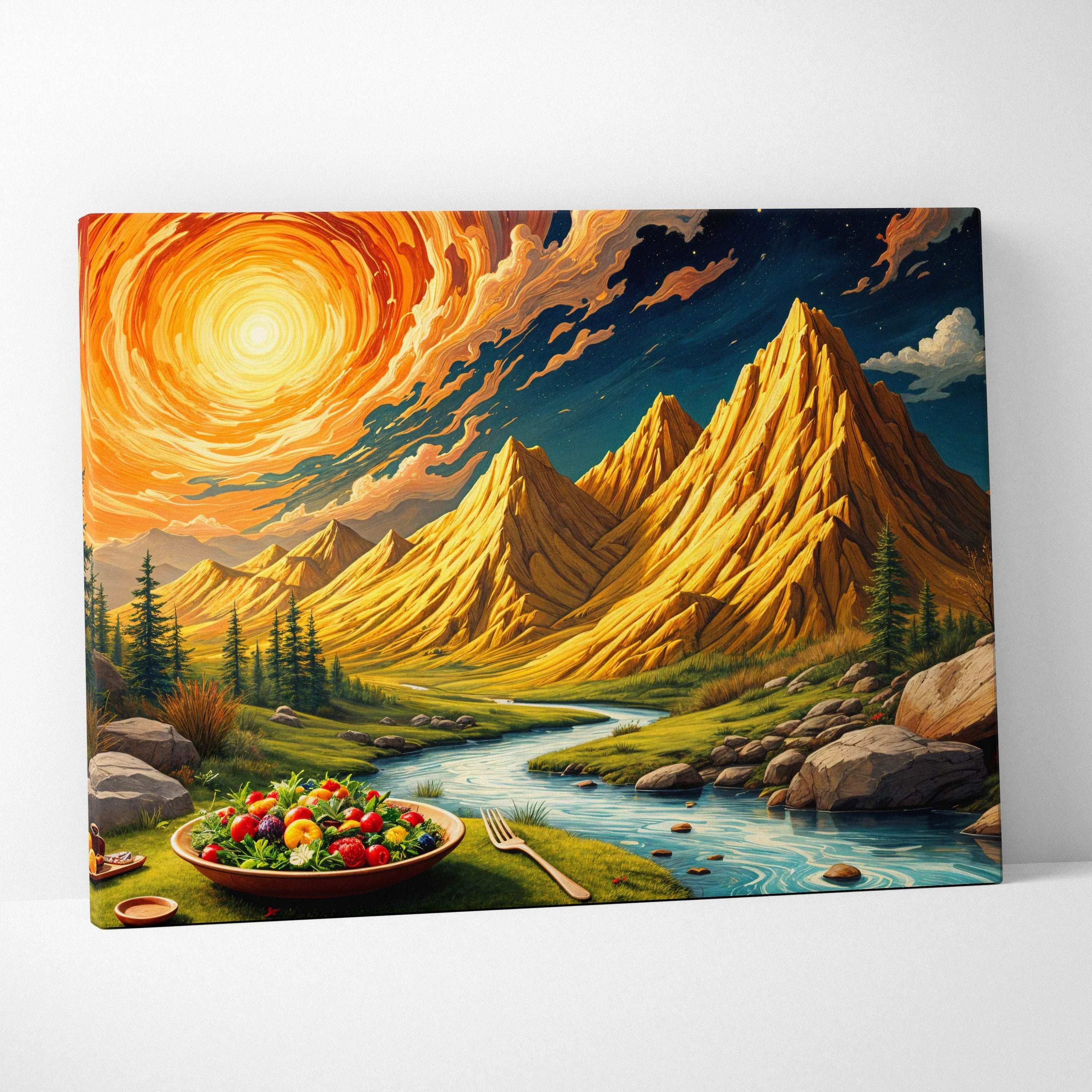 Surreal golden sun over jagged mountain peaks with winding river canvas art