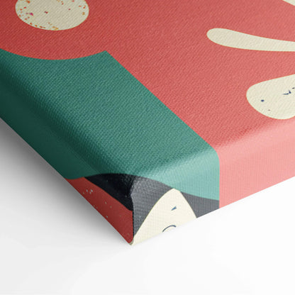 Bold abstract floral canvas wall art in teal, coral, cream with textured geometric shapes