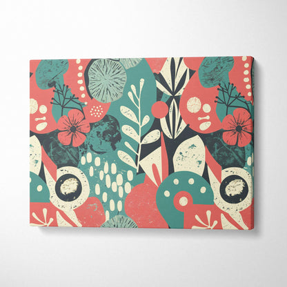 Bold abstract floral canvas wall art in teal, coral, cream for modern living rooms