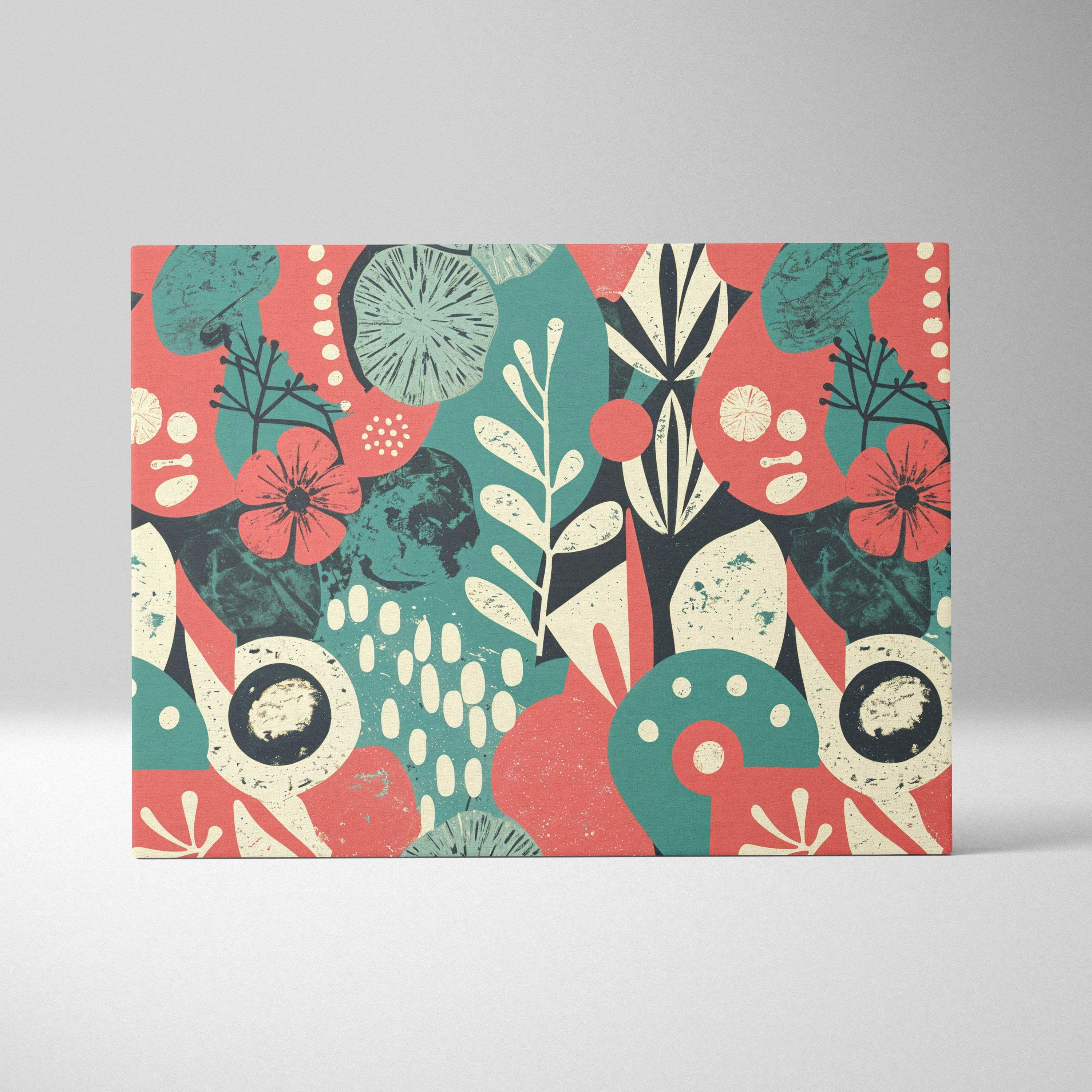 Bold abstract floral canvas wall art in teal coral cream with red flowers teal leaves