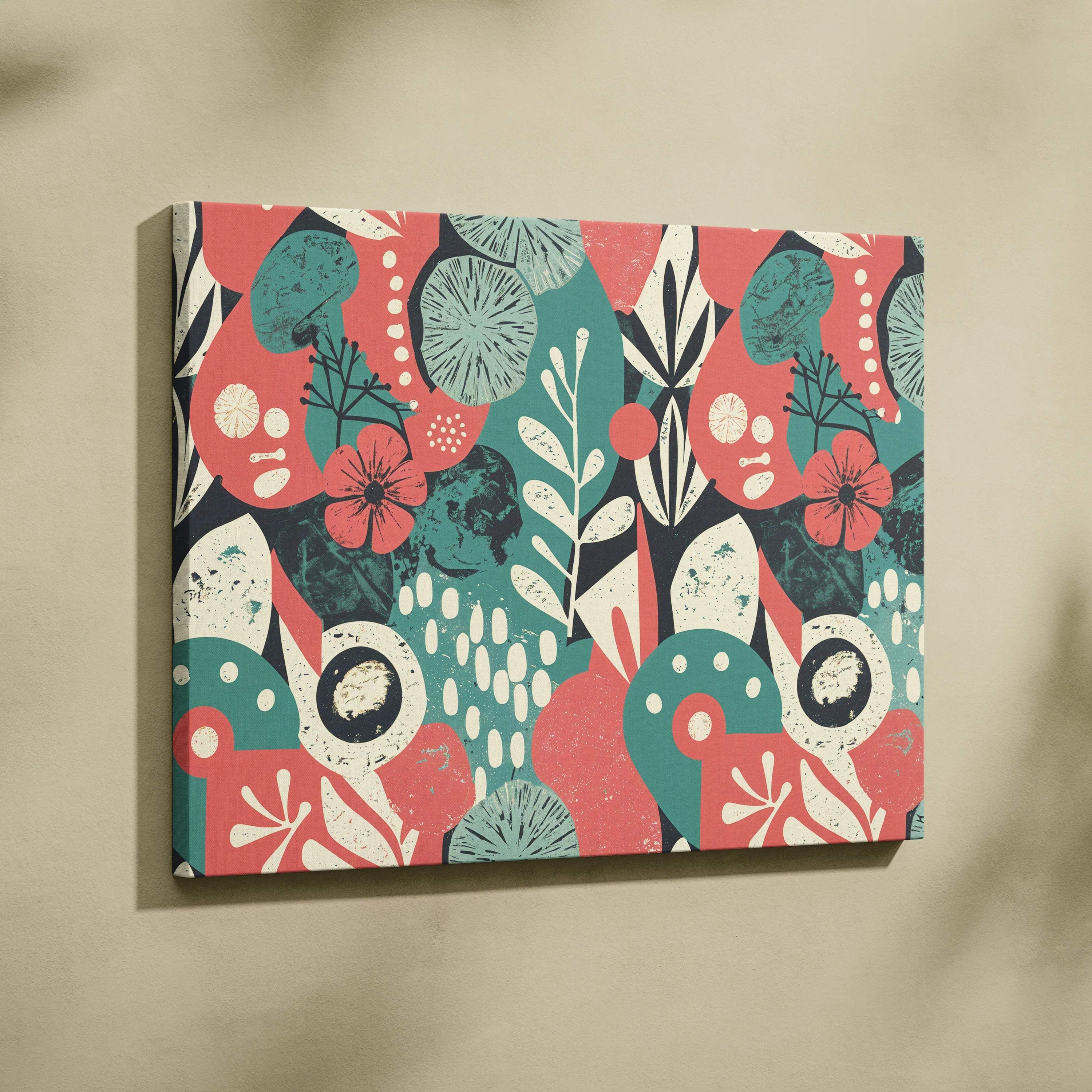 Bold abstract floral canvas wall art in teal coral cream for modern living rooms