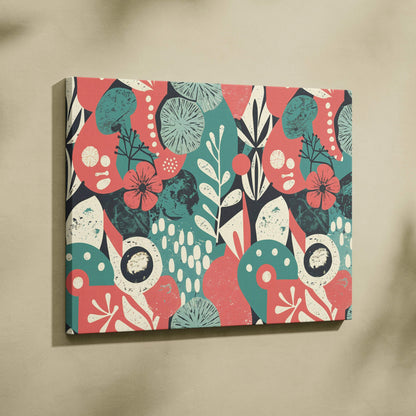 Bold abstract floral canvas wall art in teal coral cream for modern living rooms