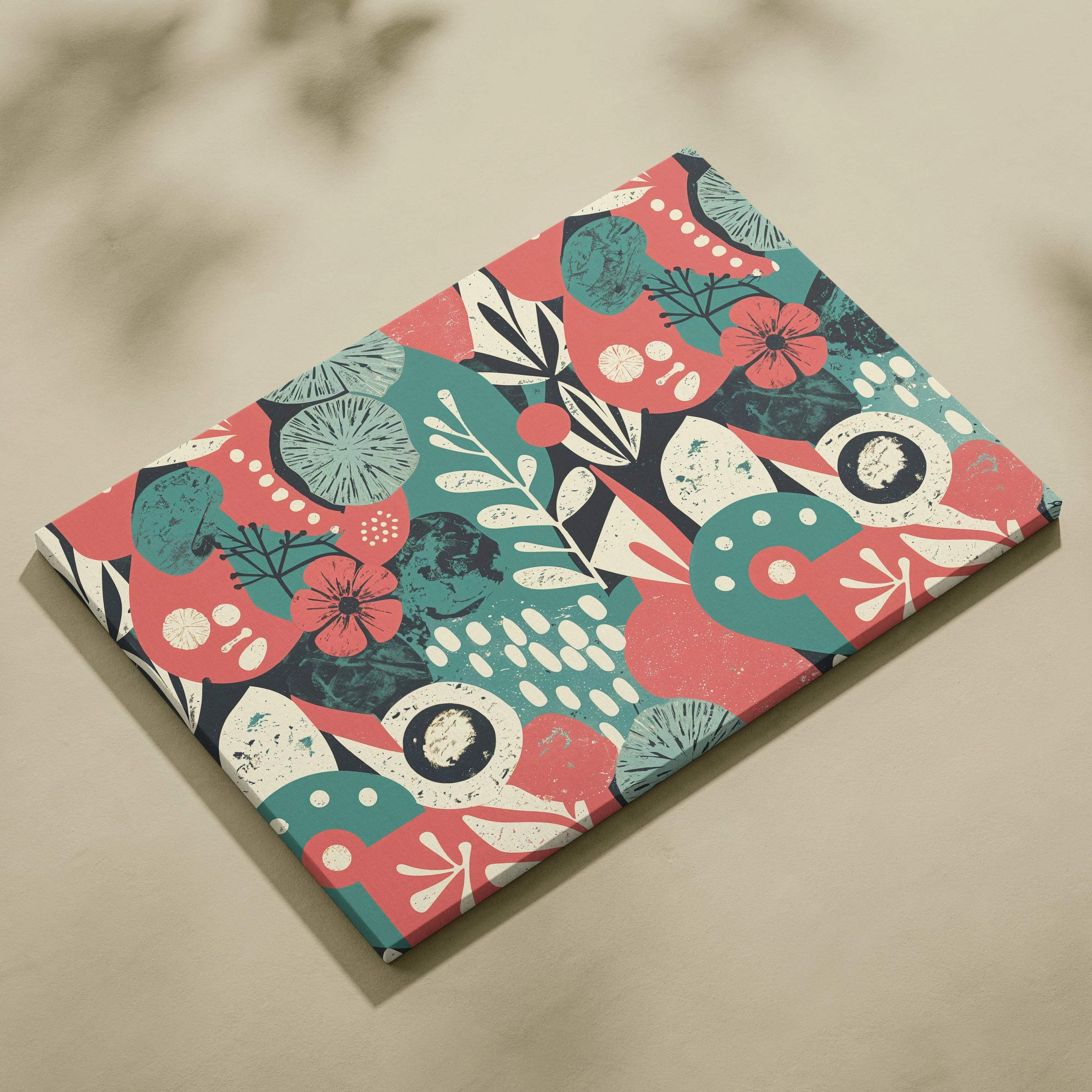 Bold abstract floral canvas wall art in teal, coral, cream for modern living rooms