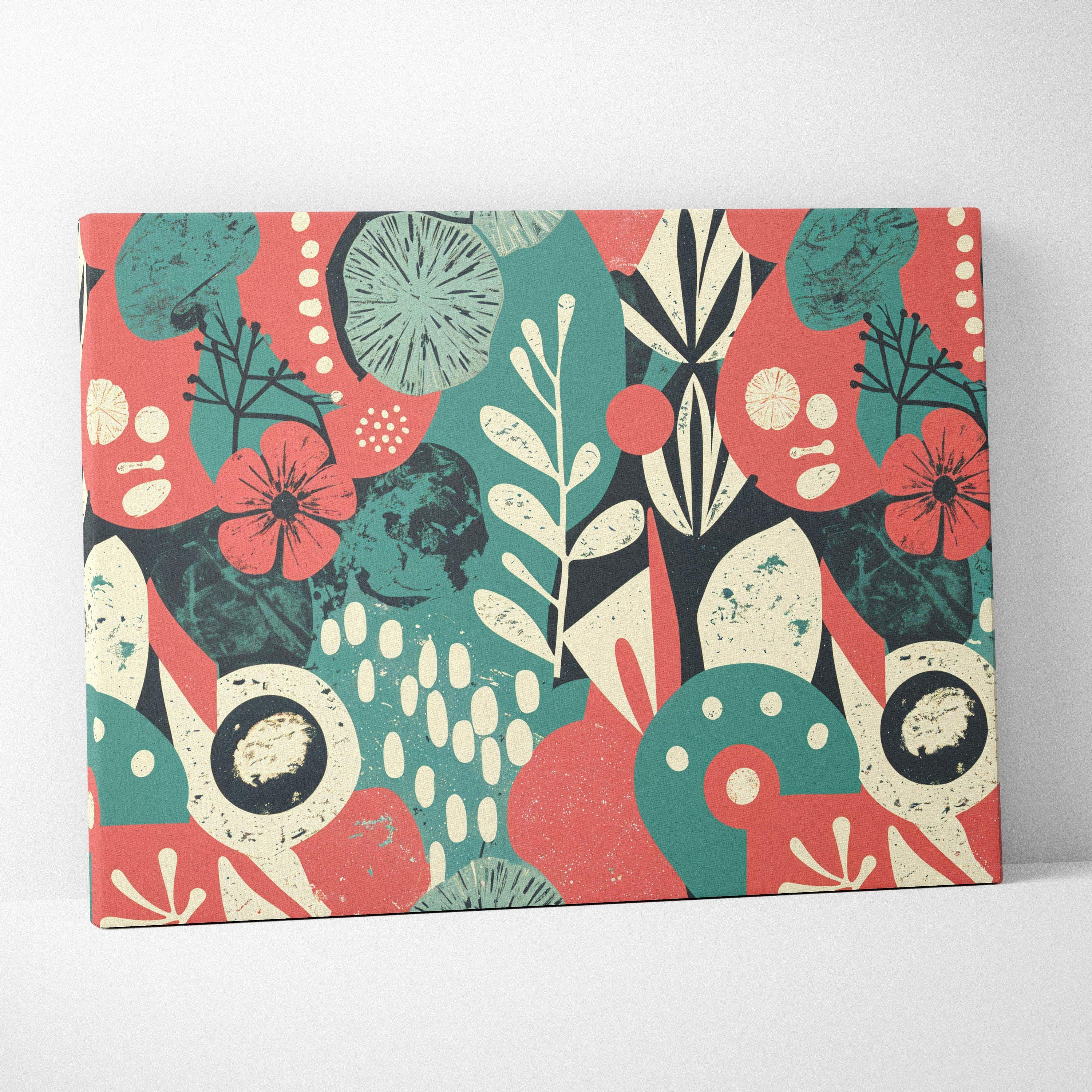 Bold abstract floral canvas wall art in teal, coral, cream for modern living rooms