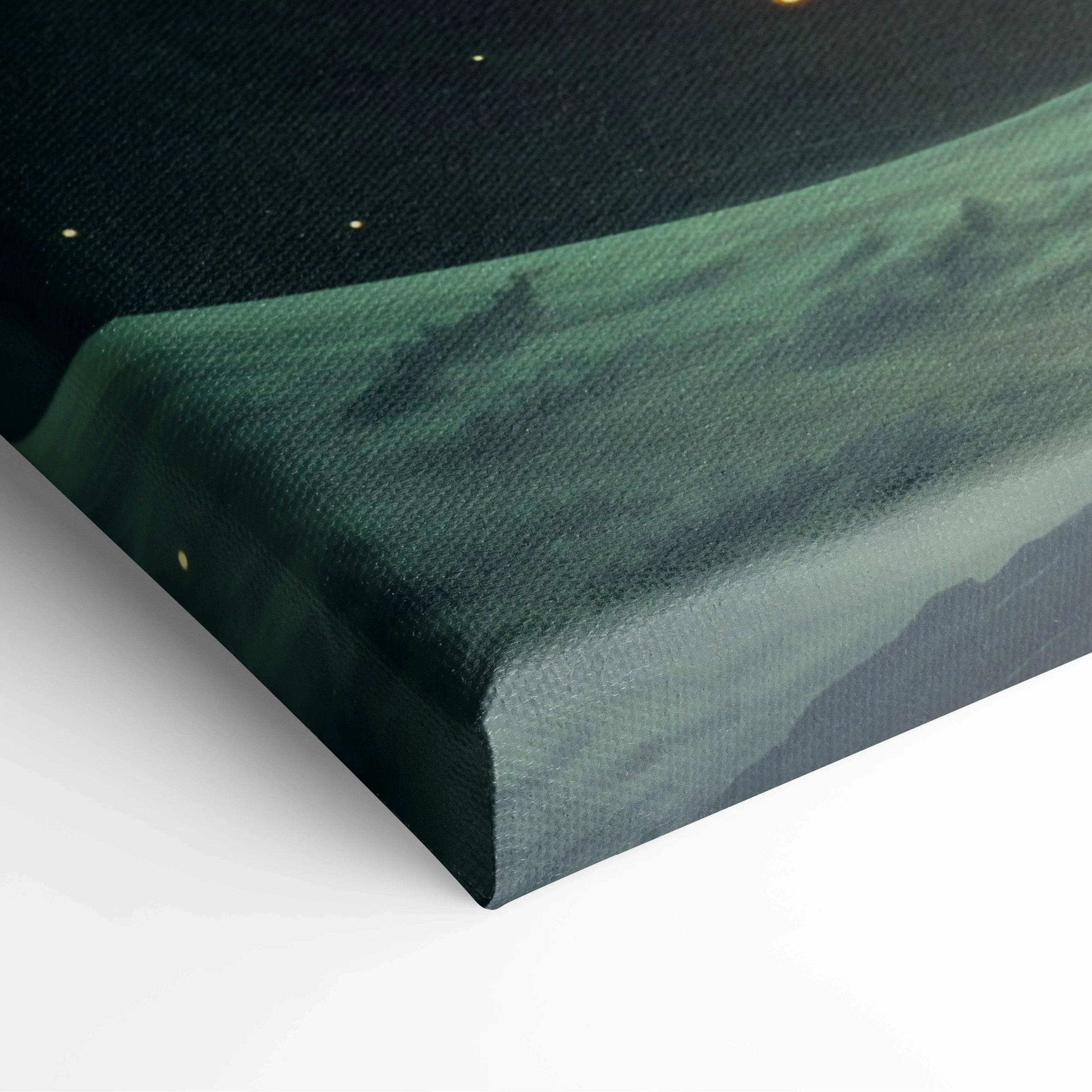 Dark green Cosmic Vortex canvas print with teal nebula, orange clouds, starry sky