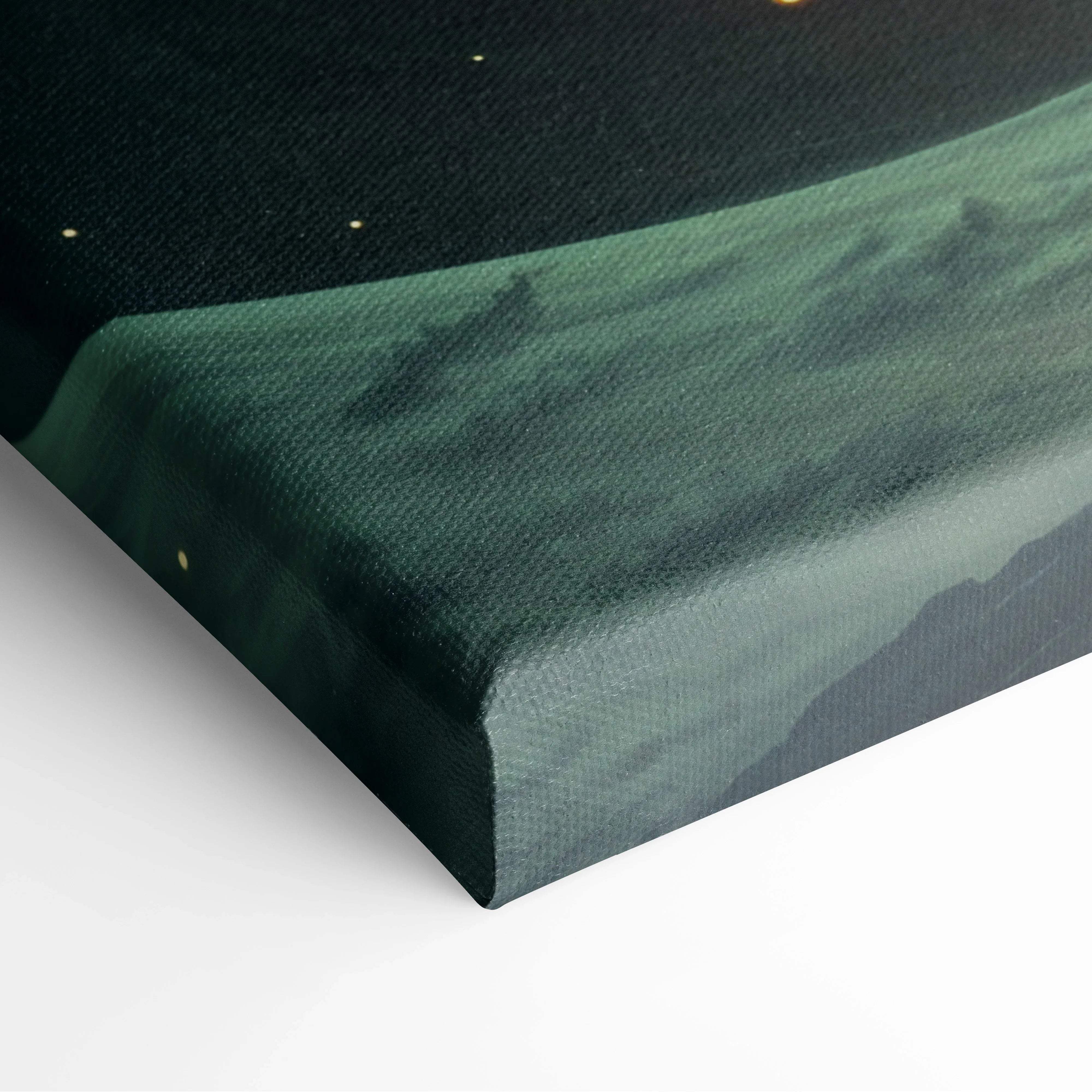Dark green Cosmic Vortex canvas print with teal nebula, orange clouds, starry sky