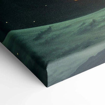 Dark green Cosmic Vortex canvas print with teal nebula, orange clouds, starry sky
