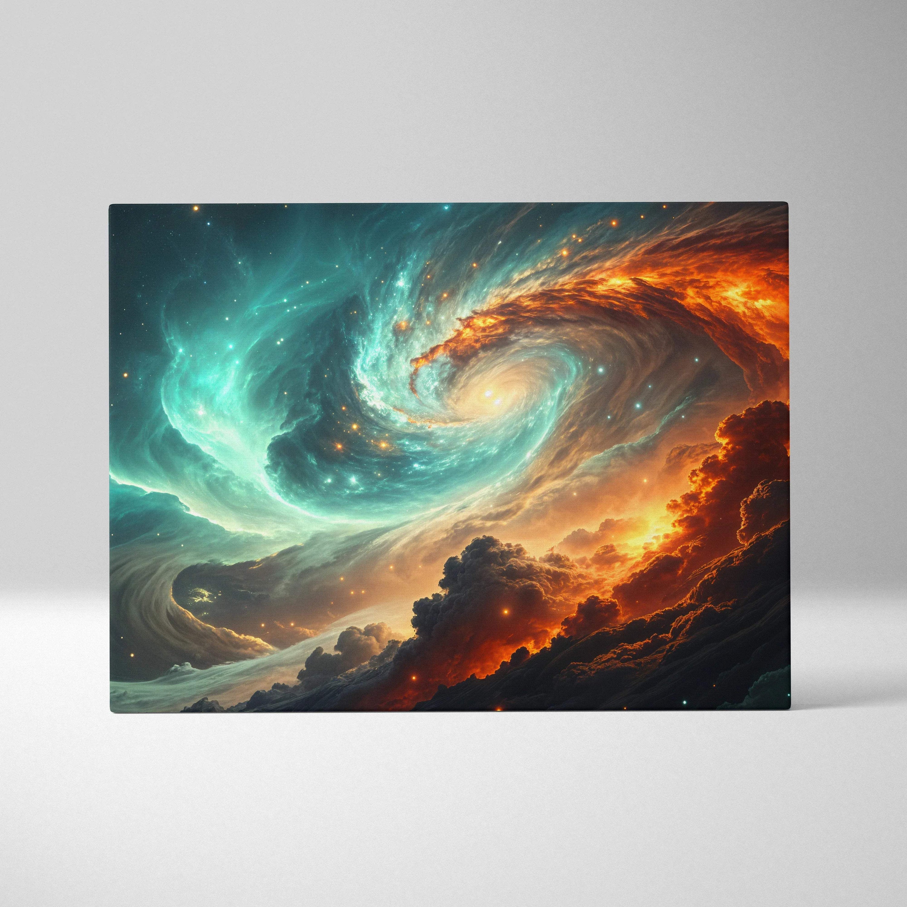 Vibrant cosmic vortex canvas art with teal nebula and fiery orange clouds swirling around galactic heart