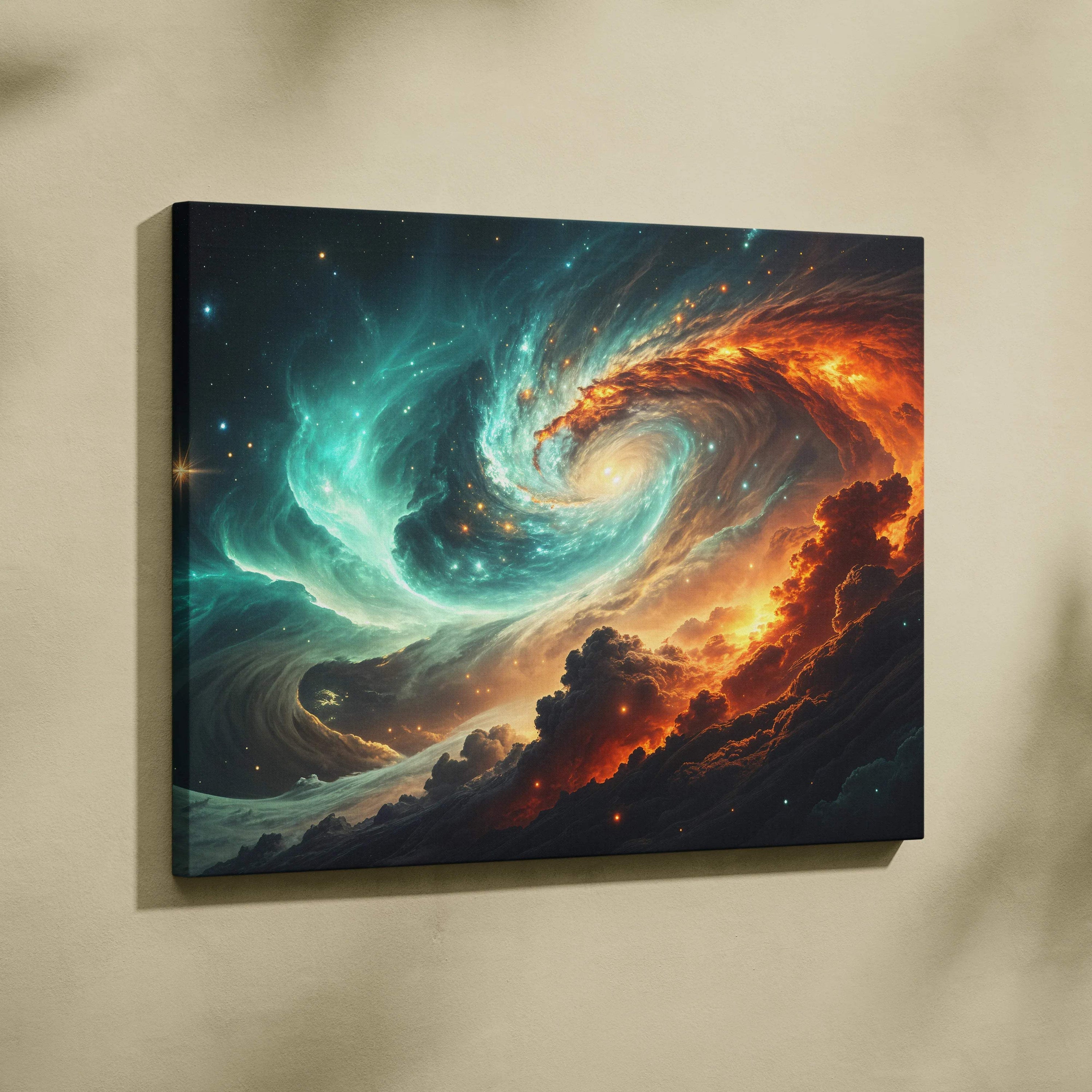 Cosmic Vortex canvas wall art with teal nebula and orange clouds swirling around galactic heart