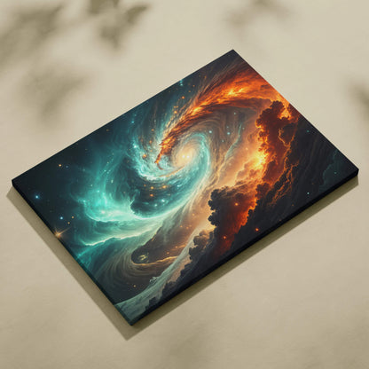Vibrant cosmic vortex canvas wall art with teal nebula and fiery orange clouds swirling around galactic heart