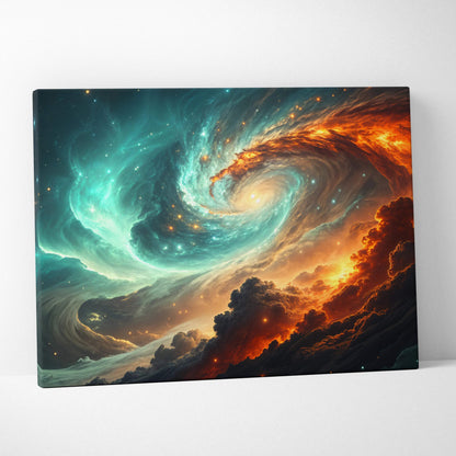 Vibrant cosmic vortex canvas art with teal nebula and fiery orange clouds swirling around galactic heart