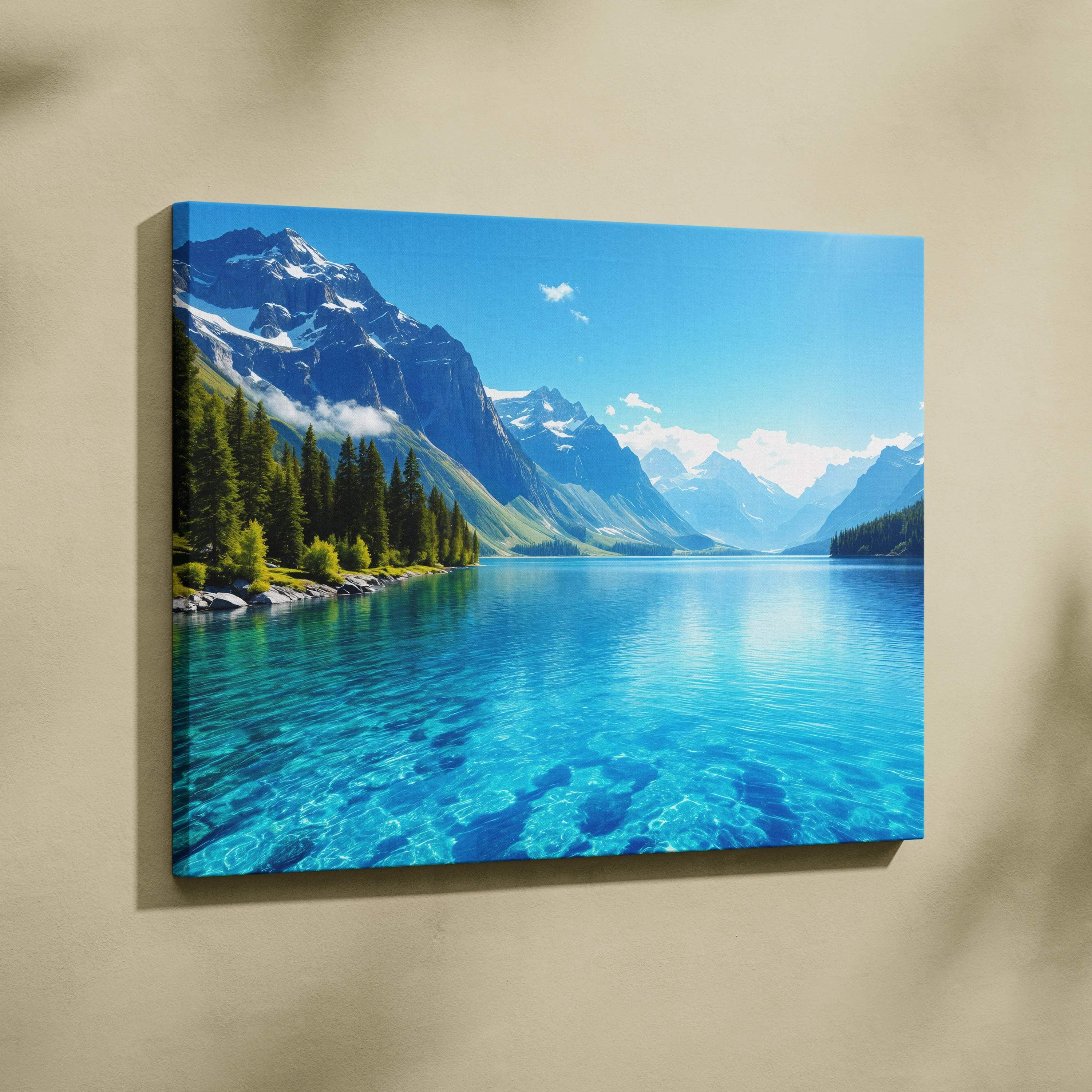 Visionary Collection sapphire blue alpine lake canvas print with peaks and turquoise water